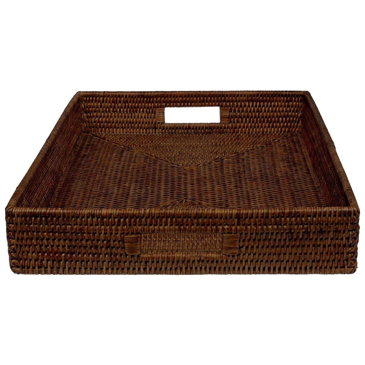 Bandeja de ratán rectangular, bandeja grande de ratán natural con asas y borde alto, bandeja decorativa (50 x 40 x 8 cm) (Dark Moca)