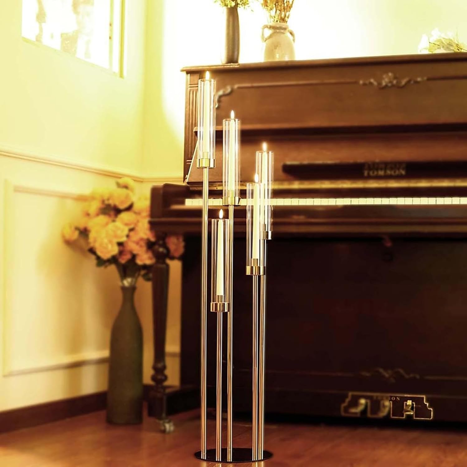 Candle Holder - Candelabra, Metal 7 Arms Candelabra with Clear Acrylic Shade, Floor Candle Holders for Wedding, for Table Centerpiece(8PCS)