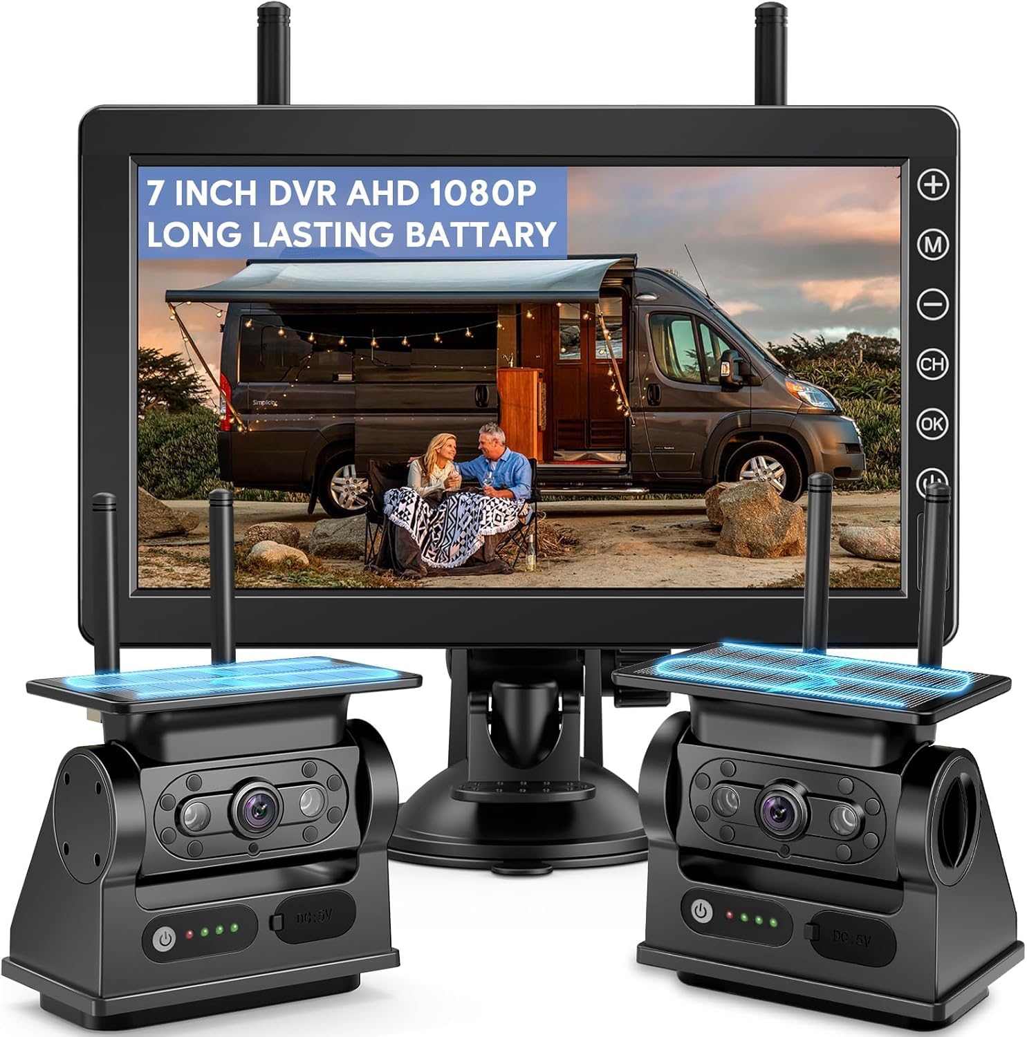 Solare Telecamera Retromarcia Wireless 7 Pollici 1080P Monitor, Magnetica Telecamera Retromarcia Ricaricabile 10000mAh Batteria, Visione Notturna, per Camion, Auto, Roulotte(2 Cameras)