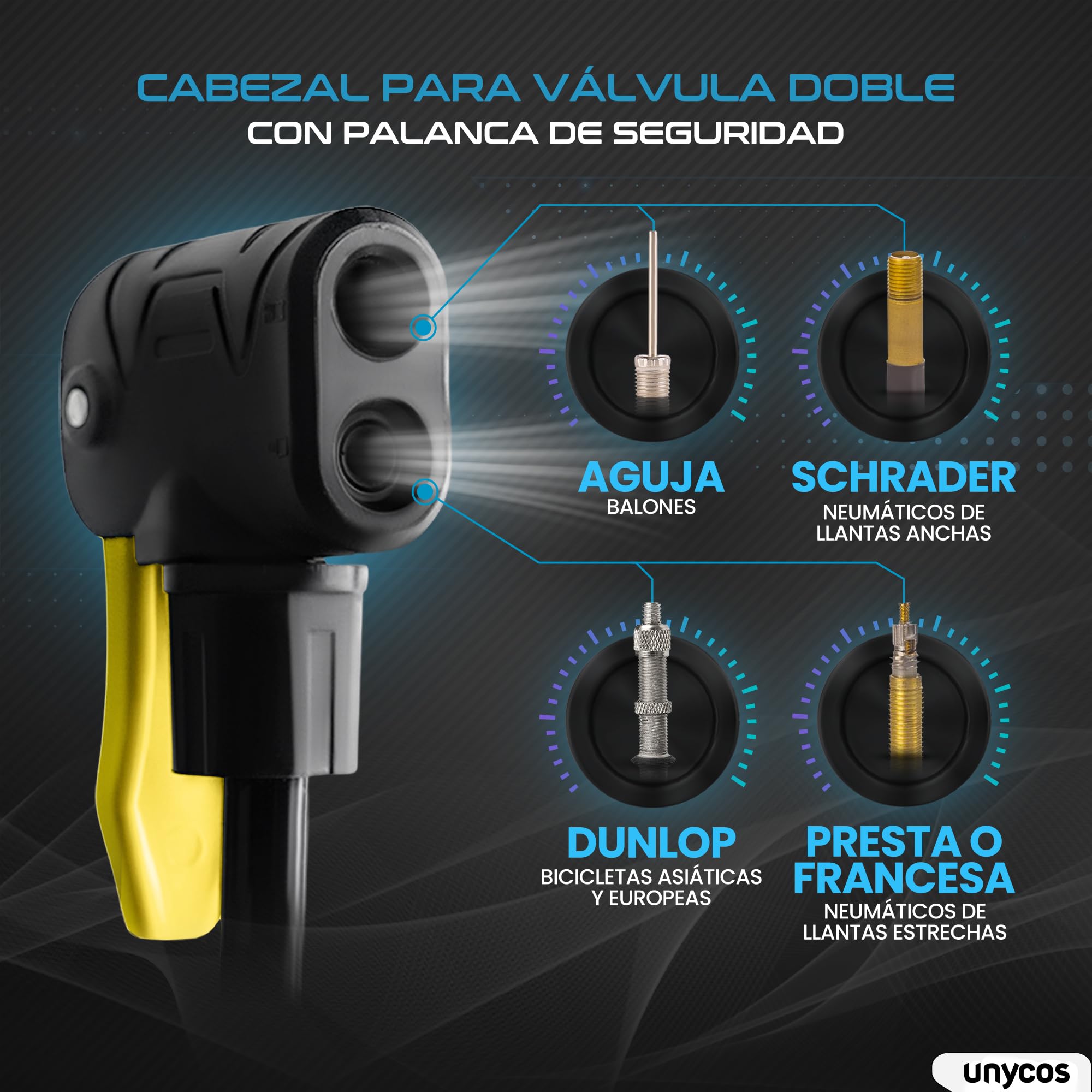 unycos - Bomba de Bicicleta con Manómetro de Alta Presión y Válvulas【Presta | Schrader】 160 PSI/11 Bar | Inflador de Ruedas, Neumáticos, Pelotas, Flotadores, Anillos de Natación, 63x23 cm - 5