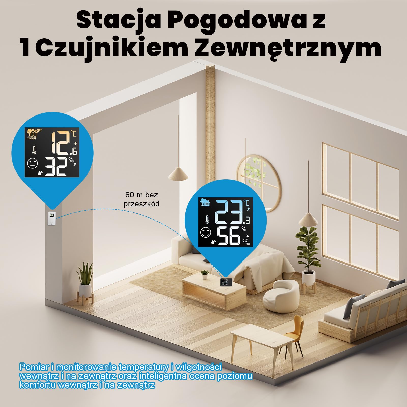 uzoli Budzik projekcyjny stacja pogodowa, WWVB Atomowy zegar projekcyjny z czujnikiem, regulowane podświetlenie, temperatura i wilgotność wewnątrz i na zewnątrz, cyfrowy zegar projekcyjny na sufit w