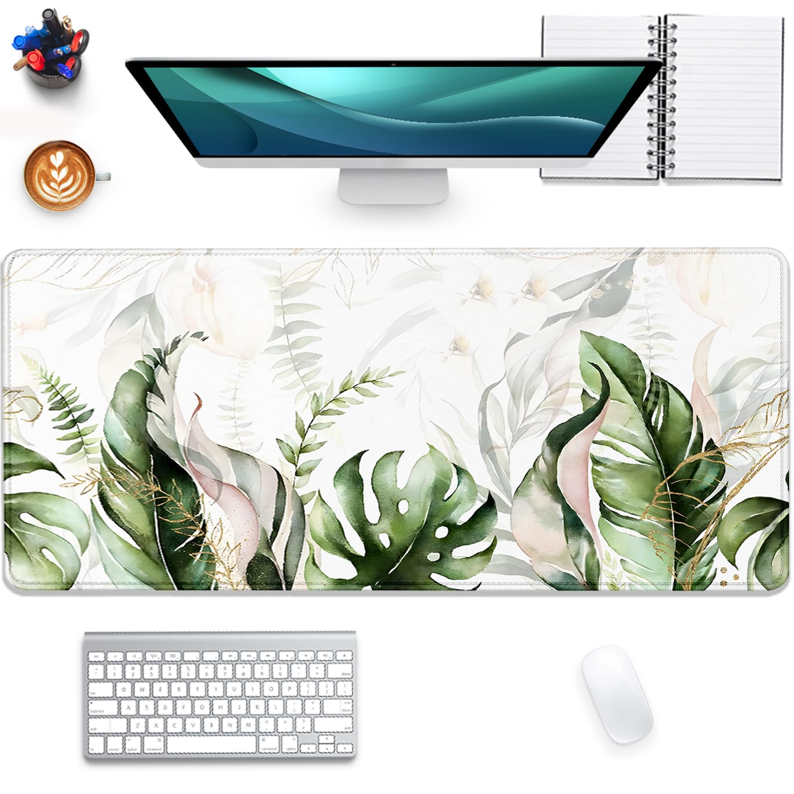 Green Tropical Leaves Mouse Pad Desk Pad,Green Sage Plant Extended Gaming Mouse Mat with Stitched Edges Non-Slip Waterproof Rubber Base Mous Mat for