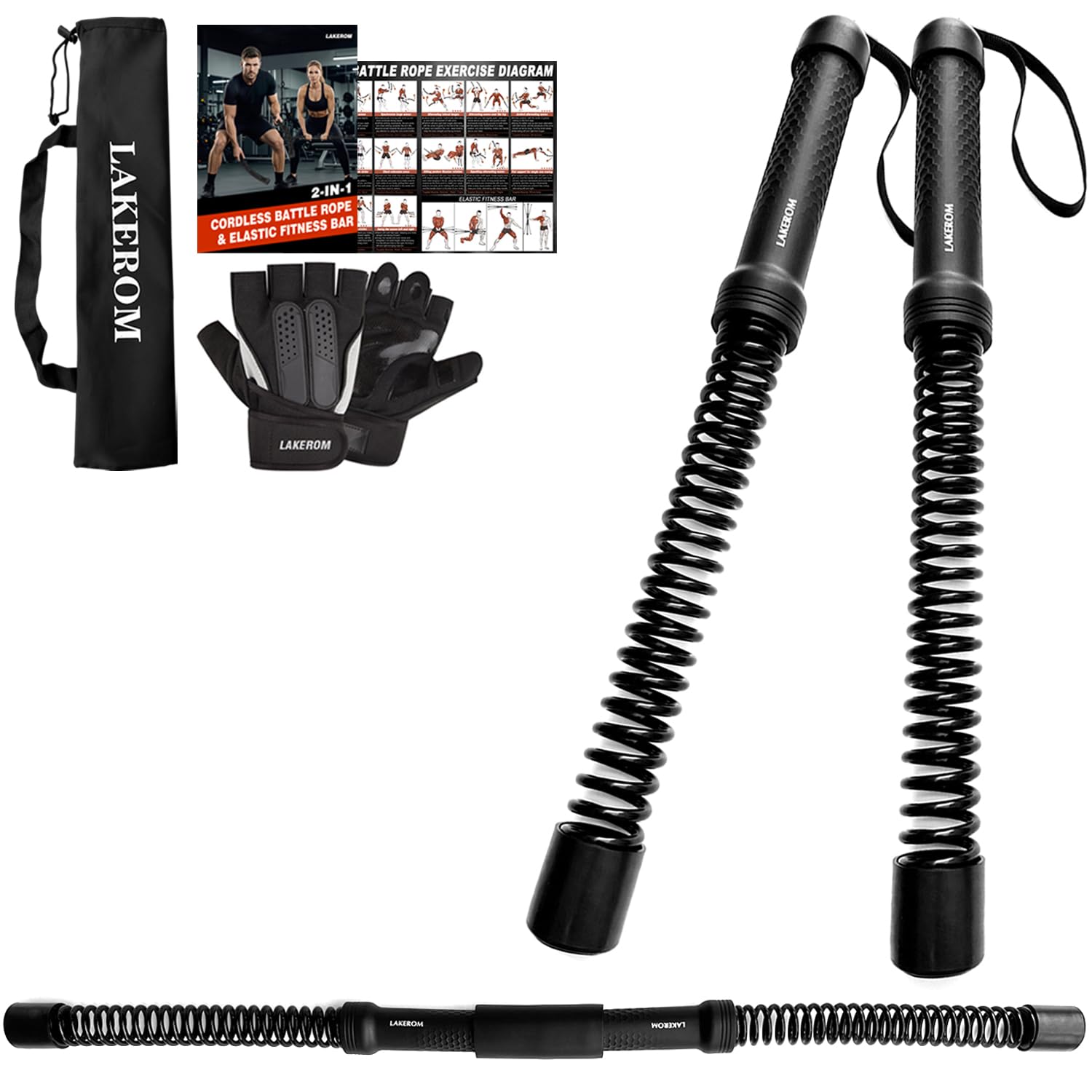 Ropeless battle ropes (2-in-1) Elatic Fitness Bar,Cordless battle ropes sticks with Exercise Guide,Portable Home Gym Equipment for HIIT,Strength Low-Impact Workouts For Men & Women Black
