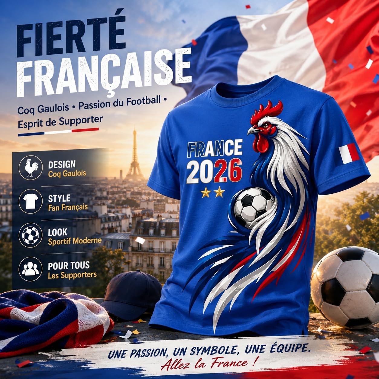 Générique Maillot France 2026 Homme – Maillot de Foot France avec Coq Gaulois, Haut Décontracté Style Fan Respirant pour Supporter Équipe de France Football