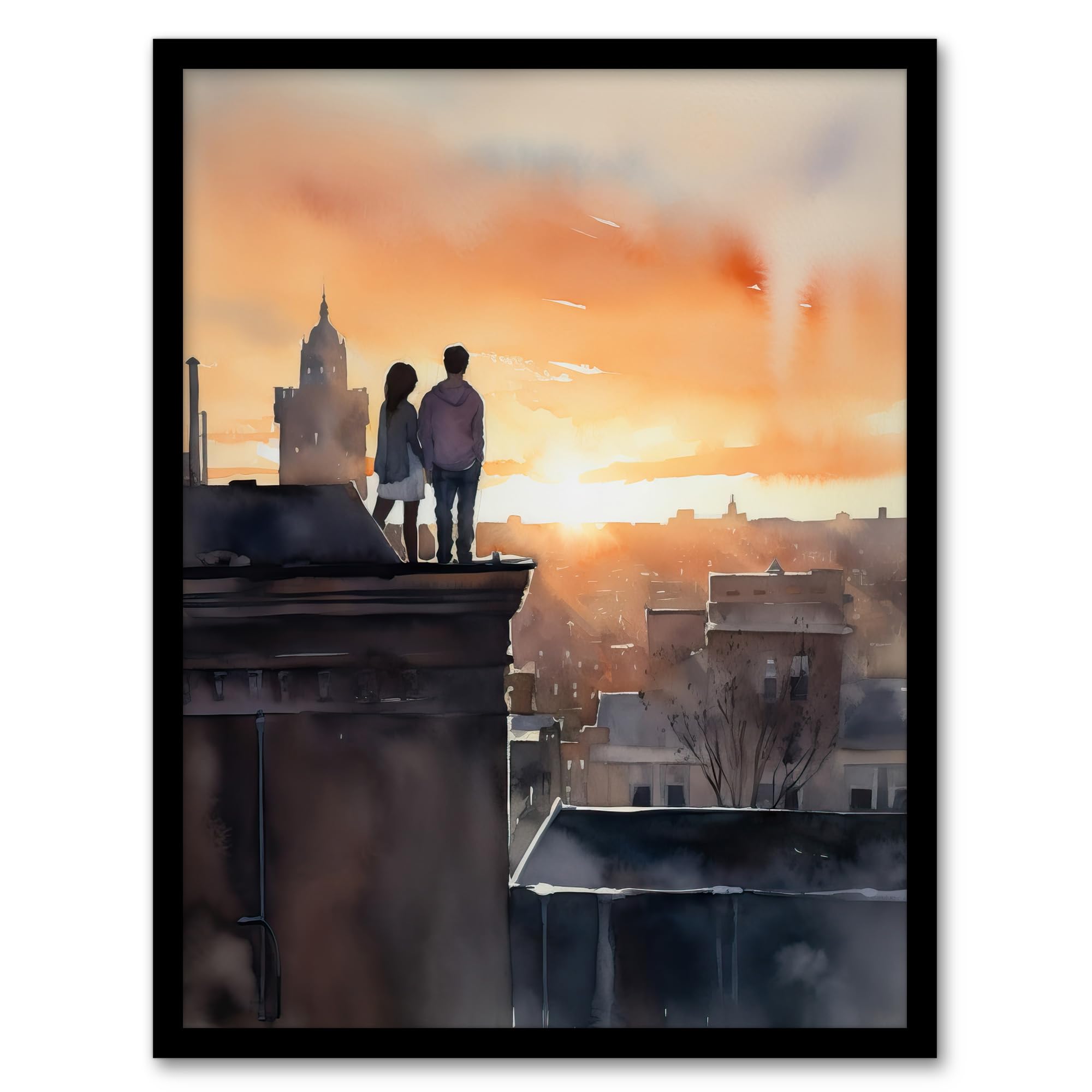 Artery8 Rooftop Romance Watercolour Painting Blue Orange Couple Watching City Sunset Bedroom Art Artwork Framed Wall Art Print A4