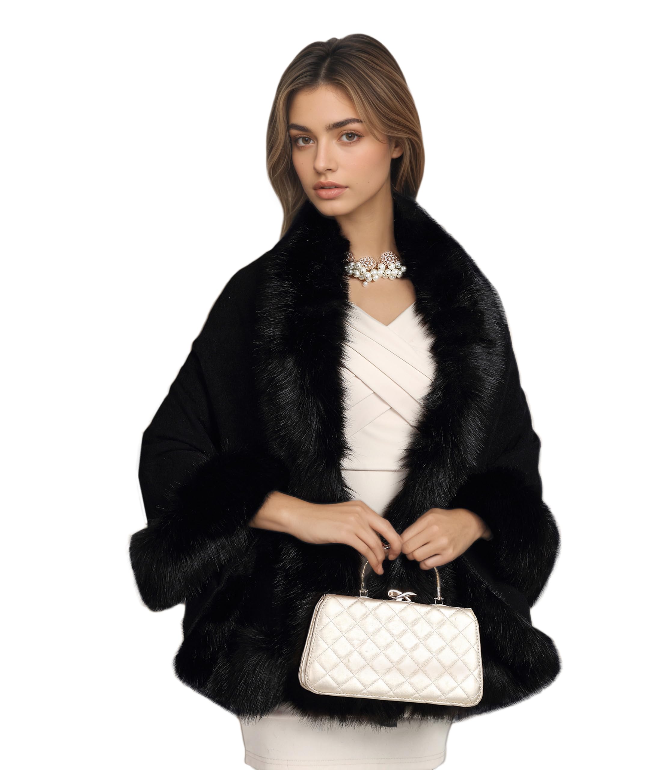 ELFJOY Bridal Faux Fur Shawl and Wraps for Weddings Faux Fur Coat Women Luxury Evening Dresses Fluffy Cape for Women