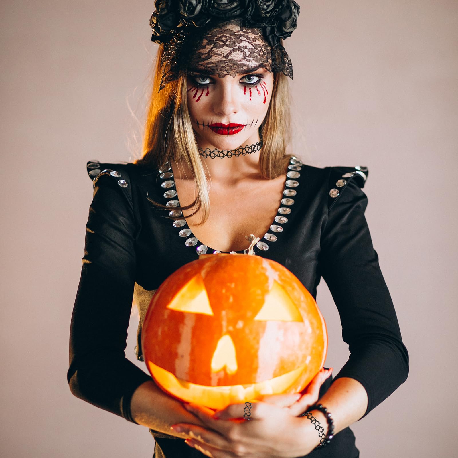 Andibro 12 sztuk zestaw rozciągliwych naszyjników, 4 zestawy rozciągliwe naszyjniki choker z tatuażem, bransoletki, pierścionki damskie, vintage punk gothic, naszyjnik z tatuażem, gumowy, z lat 90