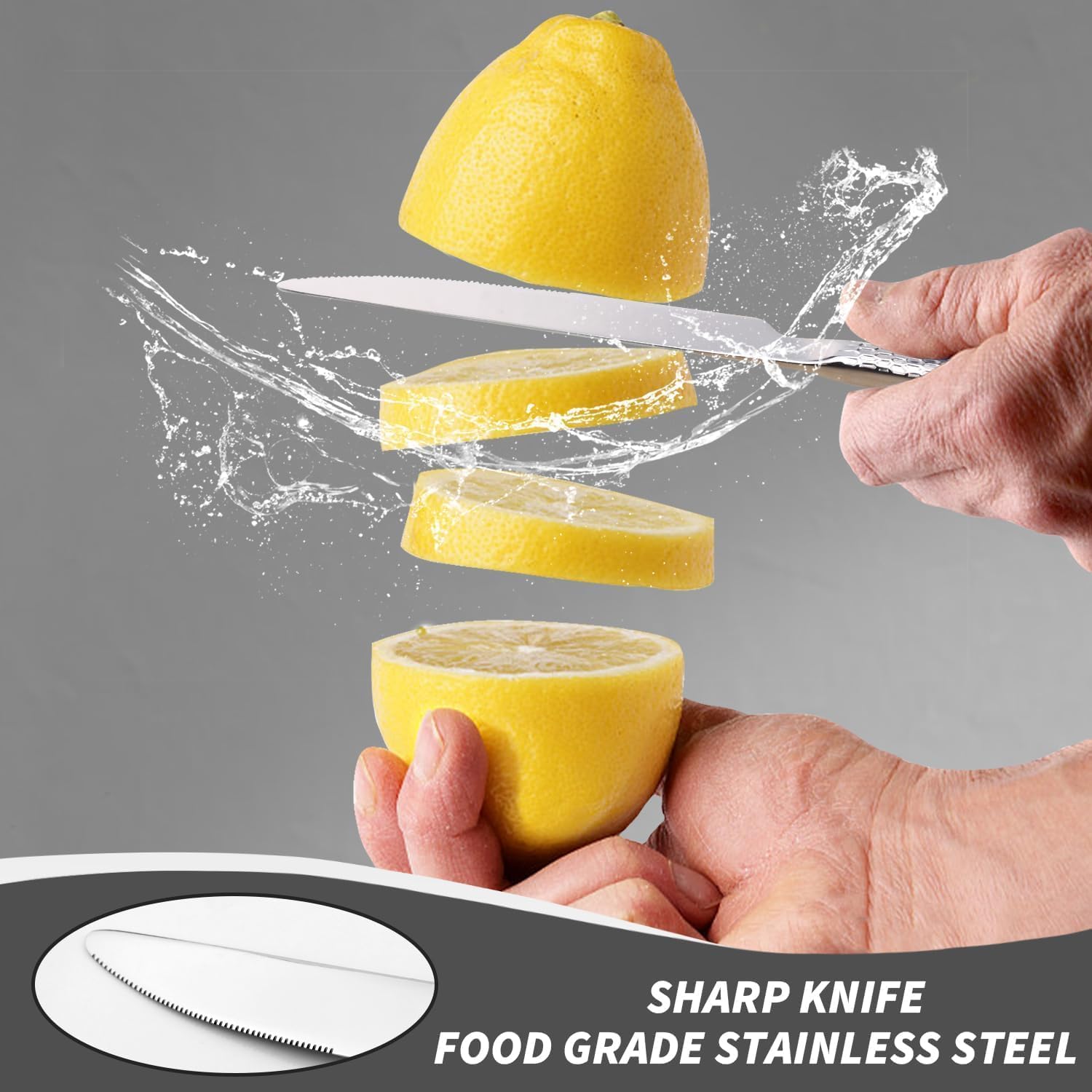 Close-up of a Fiwarex dining knife slicing a lemon, highlighting its sharp blade
