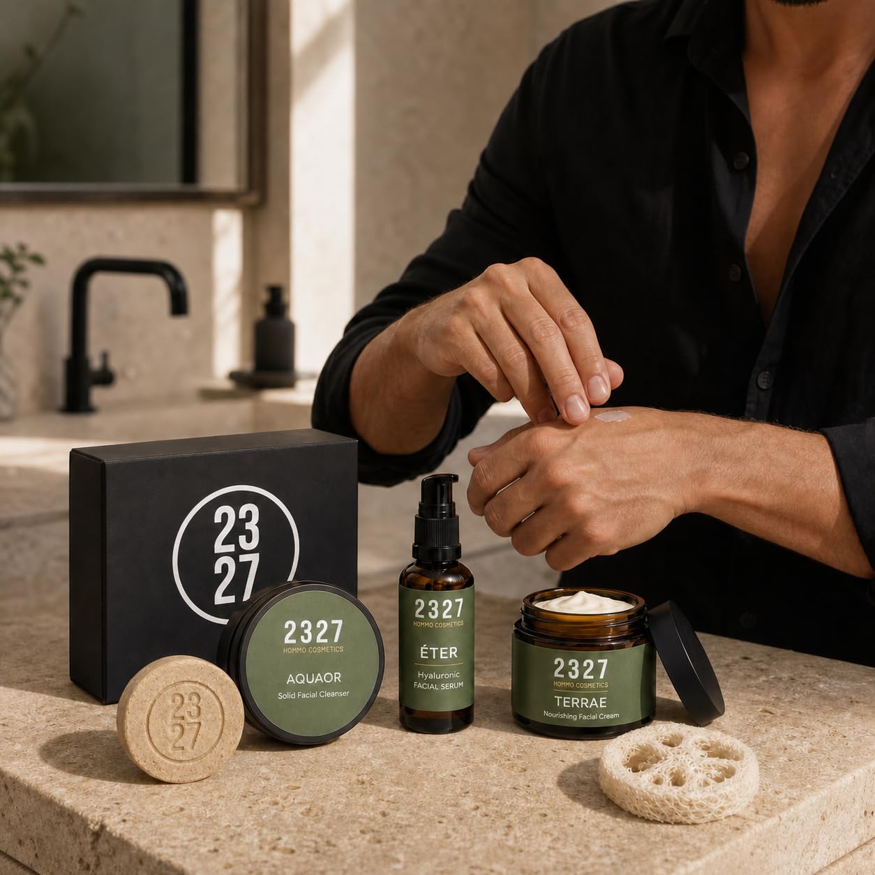 Gesichtspflege Set Männer – Reinigung, Serum & Creme – Naturkosmetik Vegan – Feuchtigkeit & Anti Aging – Hautpflege Routine Set – 2327 HOMMO COSMETICS ELEMENTVM