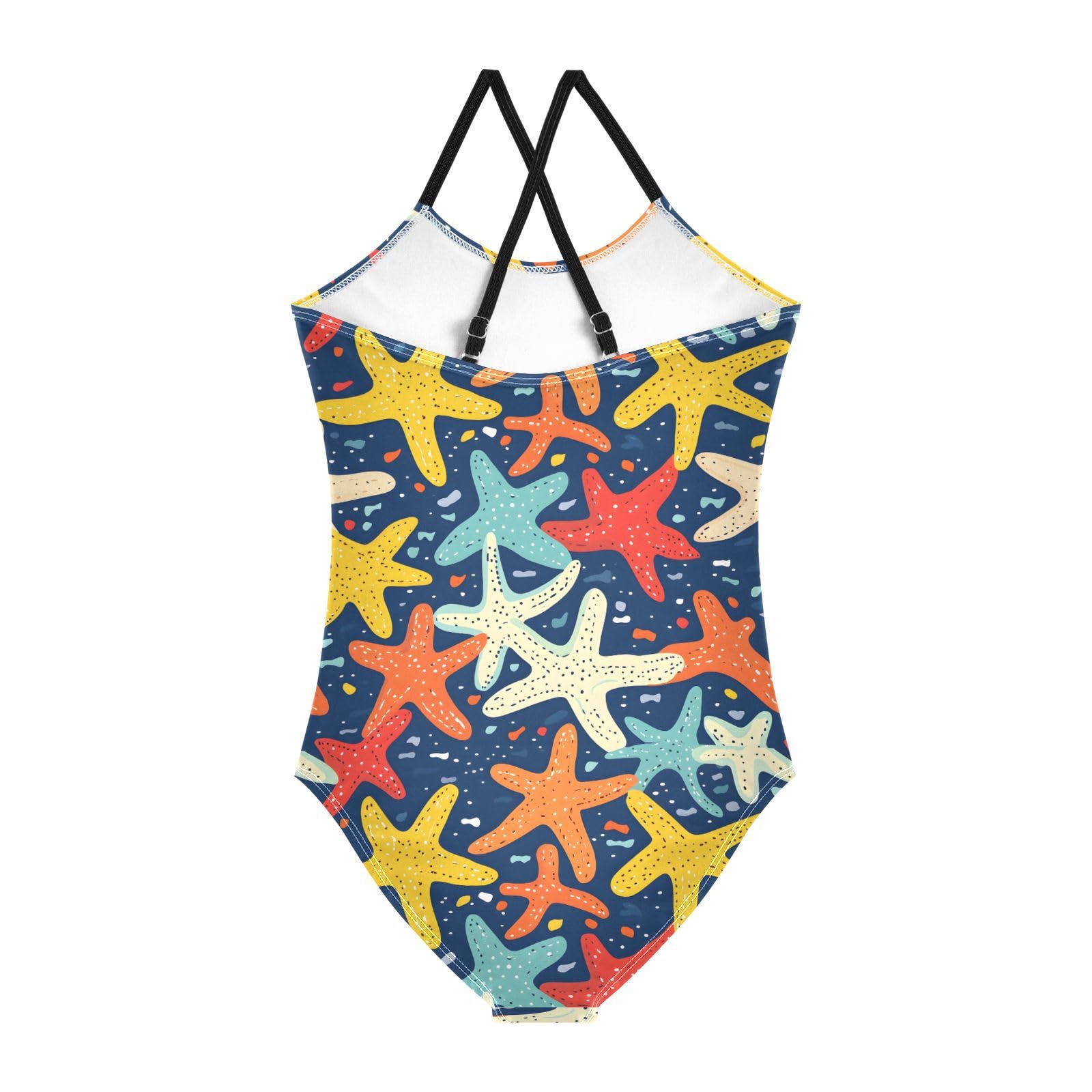 Colorful Starfish Girls Swimsuits Quick Dry Crossback One Piece Beach Swimwear Bathing Suit, 9-10T