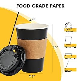 RACETOP 50 Pack 12 oz Coffee Cups with Lids, Black Disposable Coffee Cups with Lids, Sleeves and Stirring Sticks, Hot Paper Coffee Cup 14 oz for Hot Drinks, Parties, Picnic, Travel, and Events