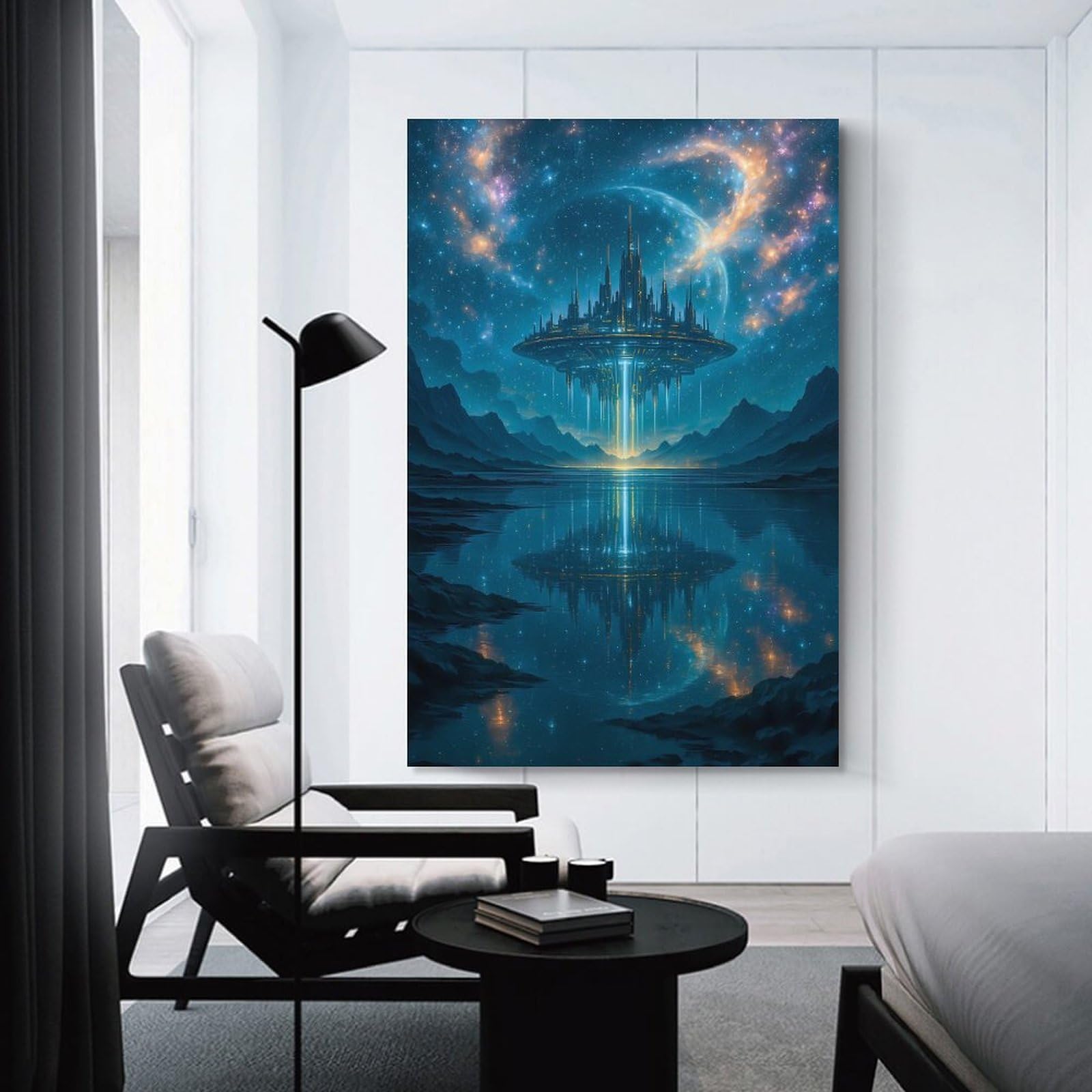 Junmoney Futuristic Cityscape Reflection Canvas Art Print, 20x30inch(50x75cm), for Restful Interiors, Bedrooms Or Small Rooms, A Warm Accent for Relaxed Interiors