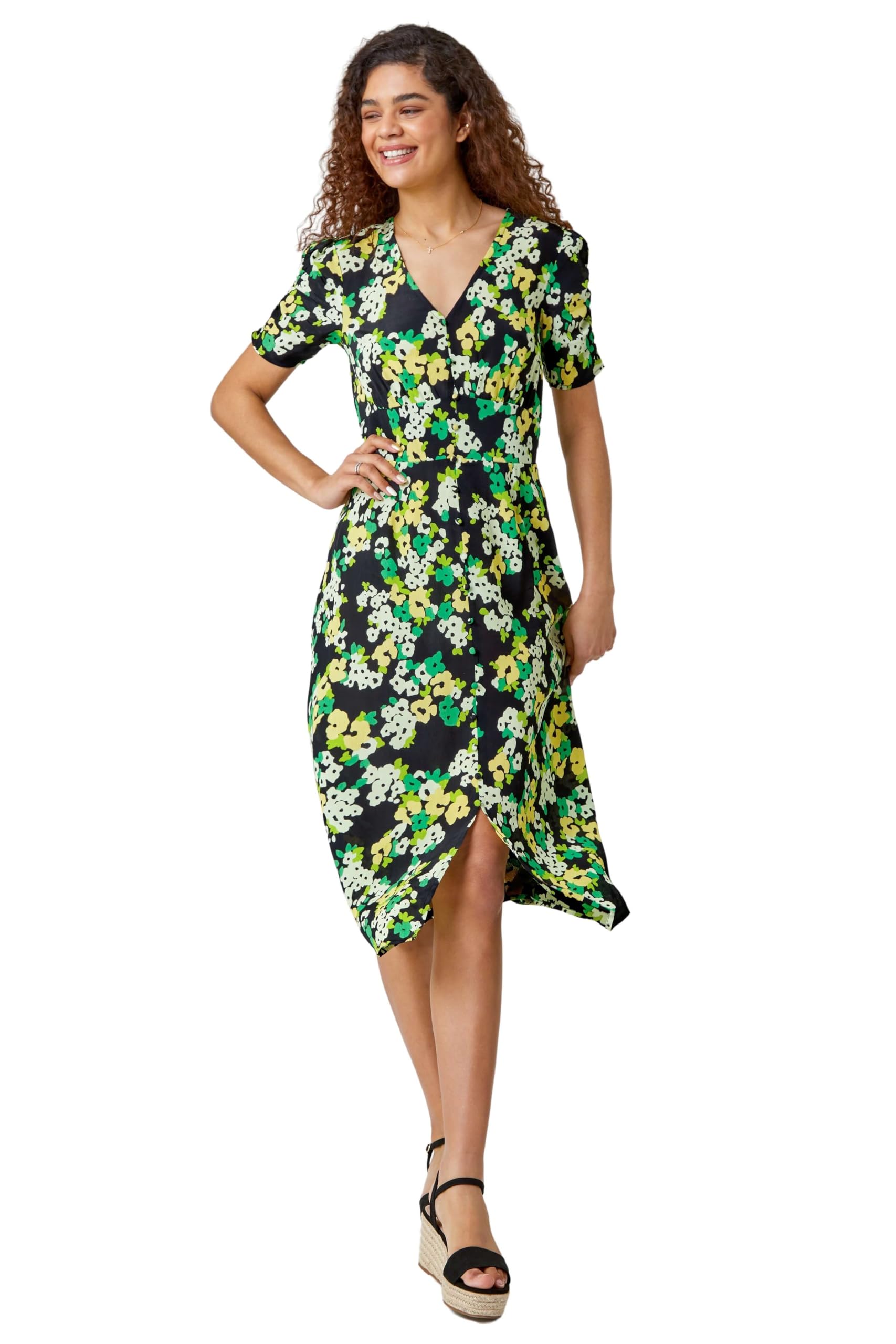 Roman Originals Swing Tea Dress Women UK Ladies Skater Midi A Line Fit & Flare Summer Casual Smart Cocktail Party Going Out Work Cruise Button Through Long Pocket - Green - Size 10