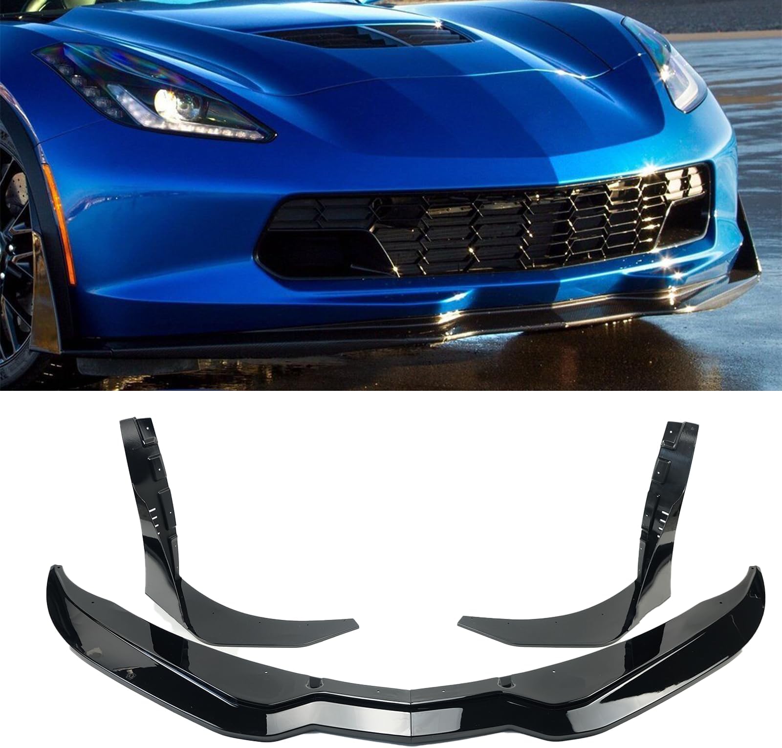 Front Bumper Lip Splitter with Side Extension Winglets Pair For 2014-2019 Corvette C7 Z06 Stage 3 (Glossy Black)
