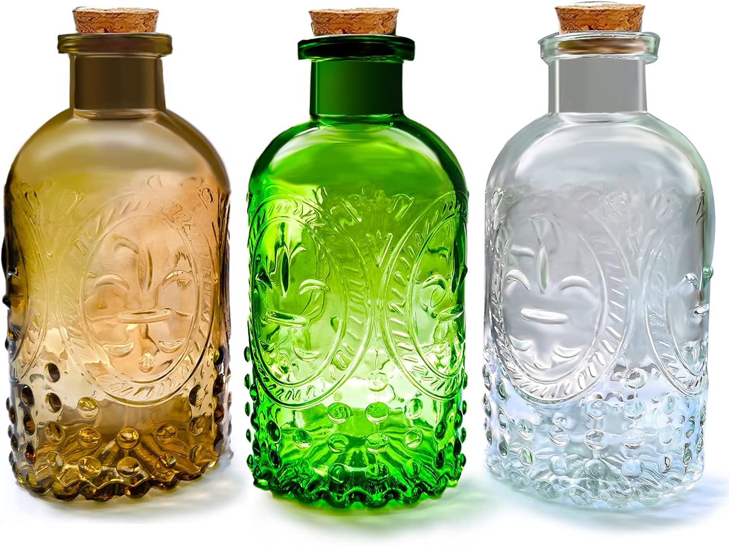 MiDanggu Set of 3 Antique Vintage Glass Apothecary Bottles with Cork Lids - Decorative Vases, Spice Jars, Spell Bottles for Home Decor & Witchcraft