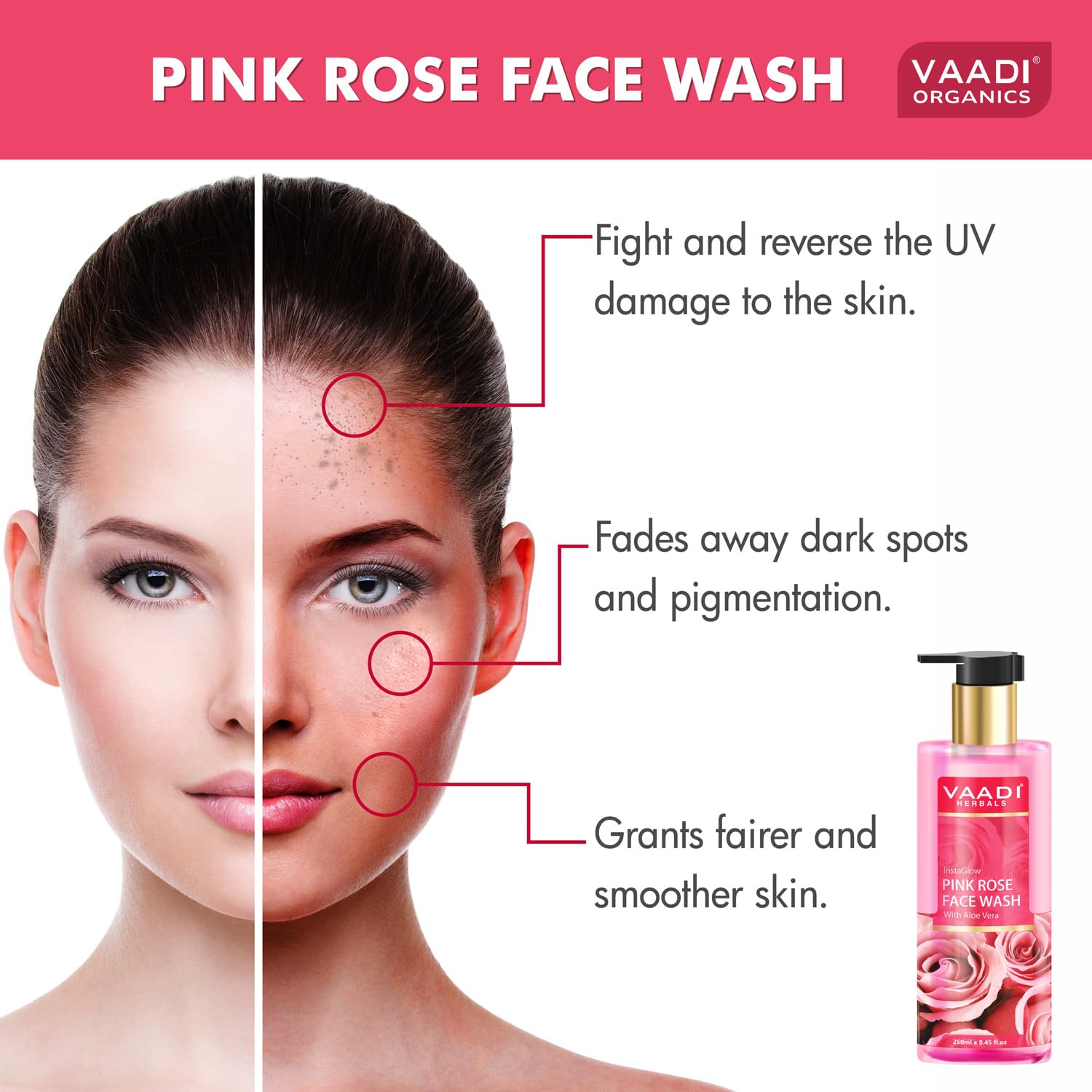 Vaadi Herbals Pack Of 2 Insta Glow Pink Rose Face Wash With Aloe Vera Extract, 250 ml (Pack of 2)