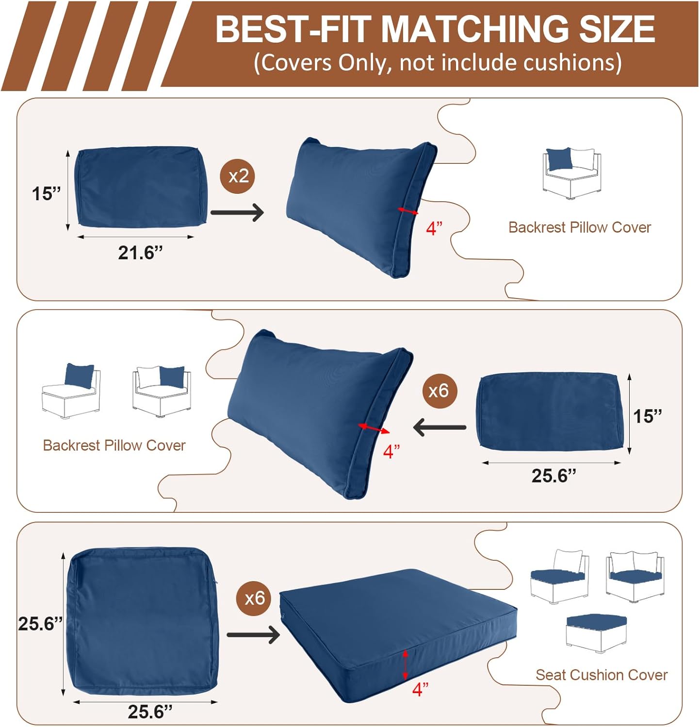14 Piece Outdoor Patio Cushion Covers Replacement, Waterproof Outdoor Furniture Cushion Covers, Fit 7 Pcs 6 Seater Wicker Rattan Patio Conversation Sofa Set,Sky Blue,25.6x25.6
