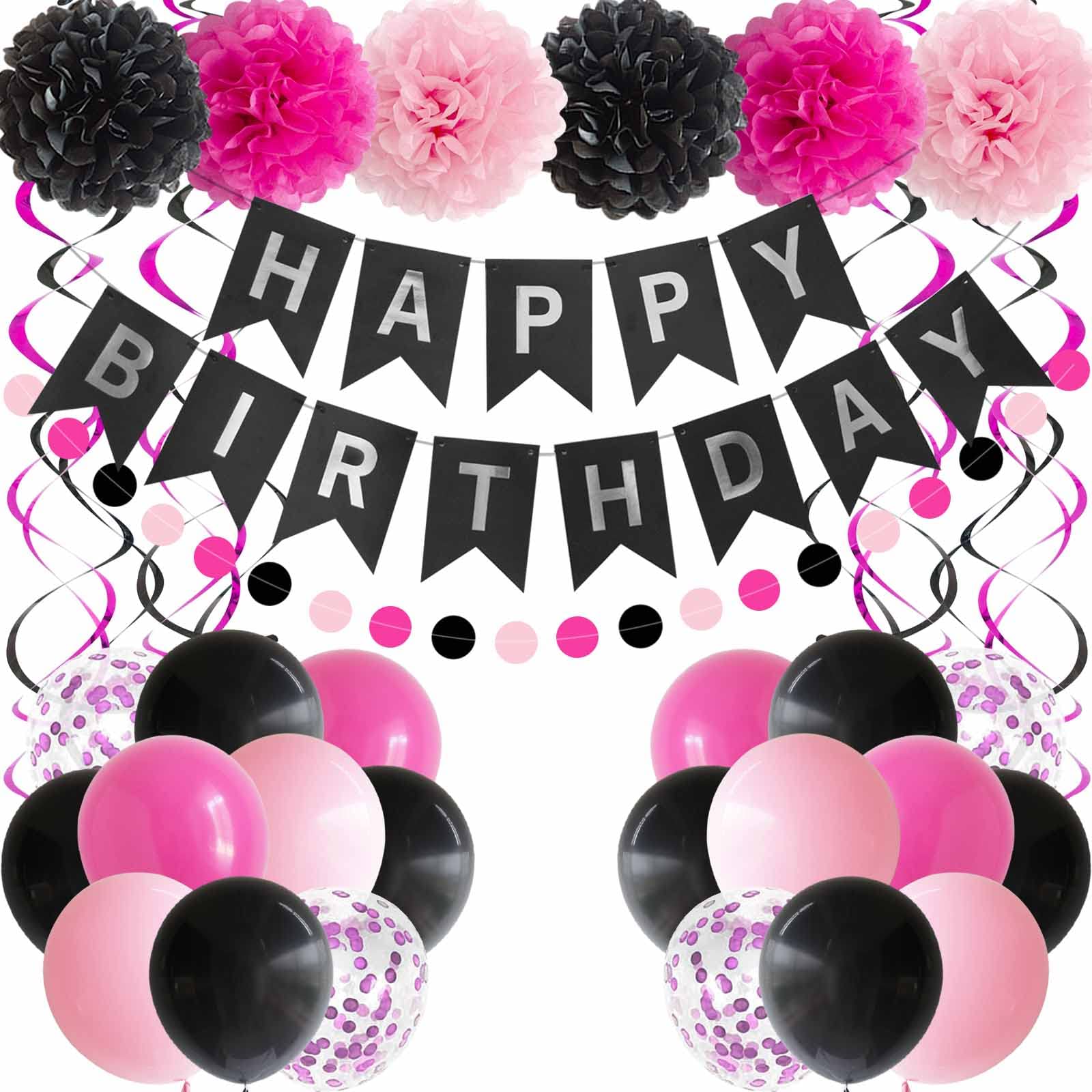 ANSOMO Pink and Black Happy Birthday Party Decorations for Girls Women Banner Hot Pink Balloons Pom Poms Swirls Décor Supplies 13th 16th 18th 20th 30th 40th 50th 60th 70th 80th