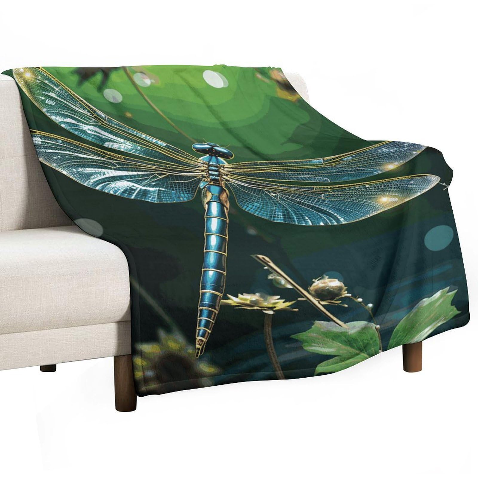 Couverture en flanelle libellule verte 140x178 cm pour lit et canapé