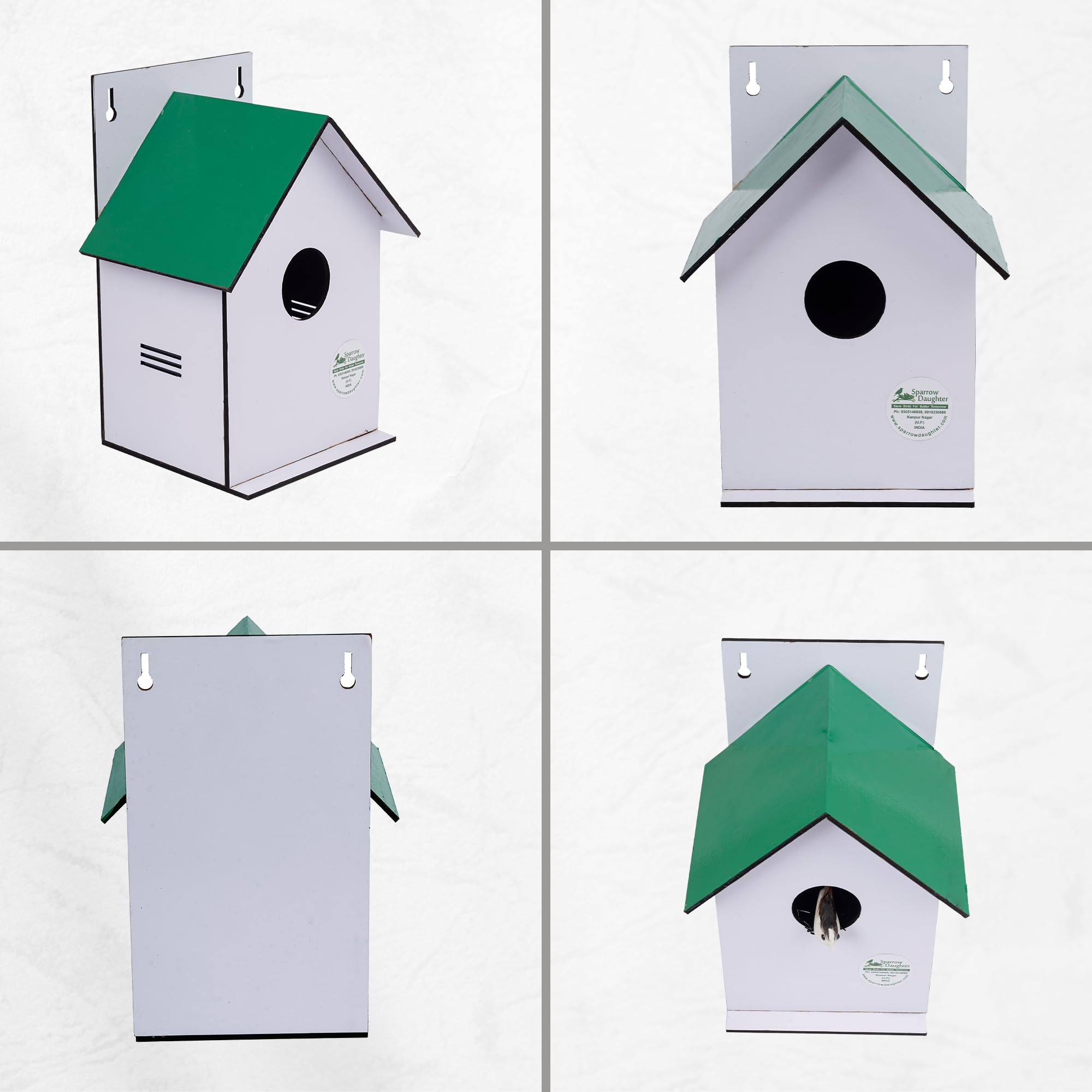 Sparrow Daughters Wooden Hut Shape Bird House | MDF Birdhouse for Sparrows, Love Birds & Small Birds | Balcony, Garden & Window Grill Hanging | Weather Resistant | 4 Colours | Made in India | Green 1