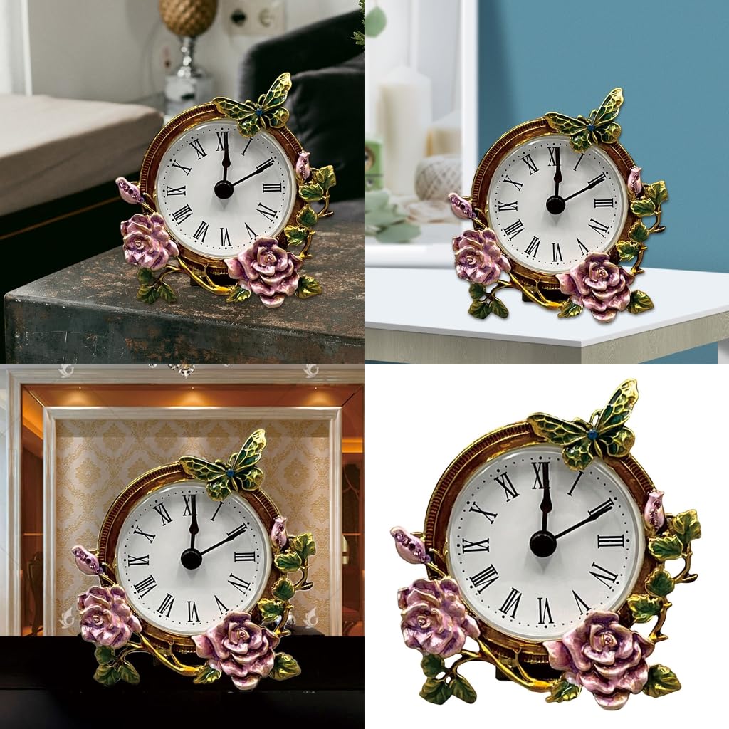 Elegancki mini zegar stołowy metalowy kwiatowy motyl do biura