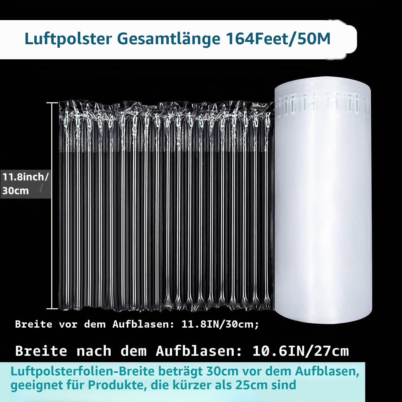 Luftpolsterfolie, aufblasbare Luftsäulenverpackung, große Luftpolsterrolle für schwere Beanspruchung, Versandbedarf für Online-Shop, Umzugsverpackungsrolle (transparent, 30cm x 50 m)