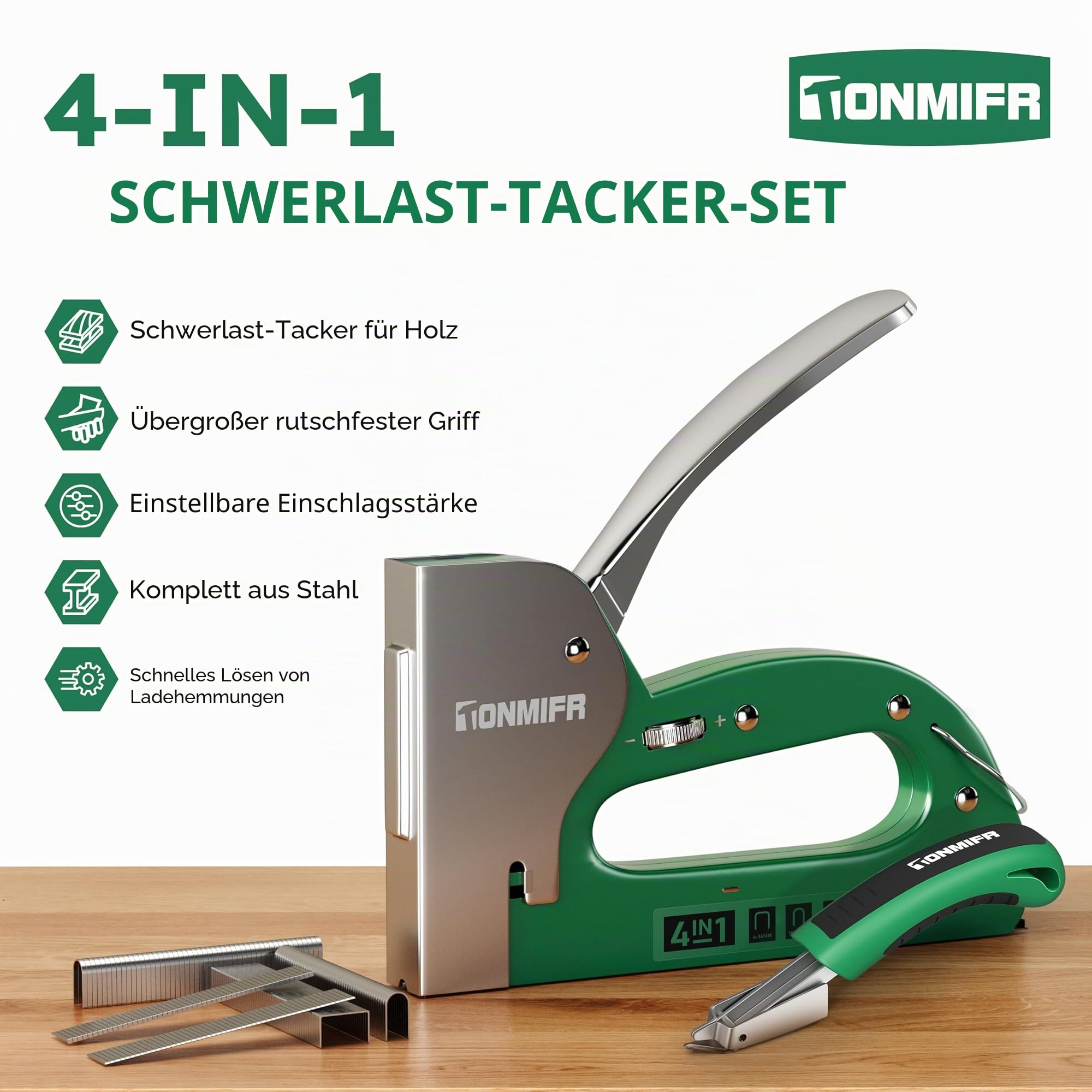 4-in-1 Handtacker für Holz, Möbel und Polsterei, 4000 Klammern, 1080° einstellbare Kraft