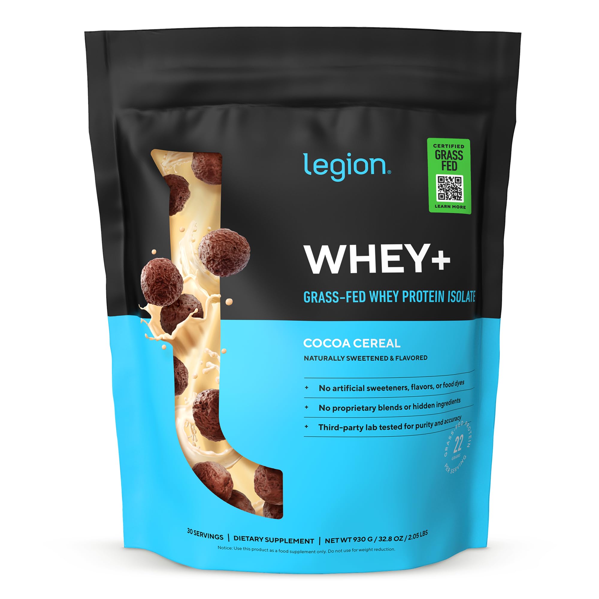 LEGION Whey+ Whey Isolate Protein Powder from Grass Fed Cows - Low Carb, Low Calorie, Non-GMO, Lactose Free, Gluten Free, Sugar Free, All Natural Whey Protein Isolate 30 Serving (Cocoa Cereal)