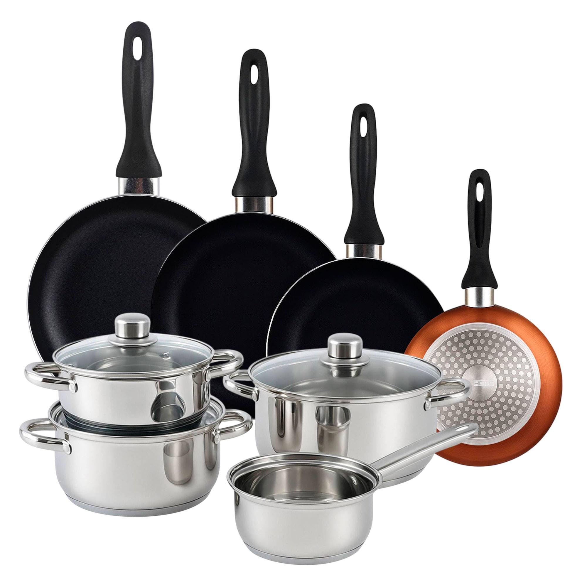 Well Home Pack Batería de cocina 7 Piezas en acero inoxidable + Sartenes Ø16Ø20Ø24Ø28cm Aluminio prensado Bronce metalizado