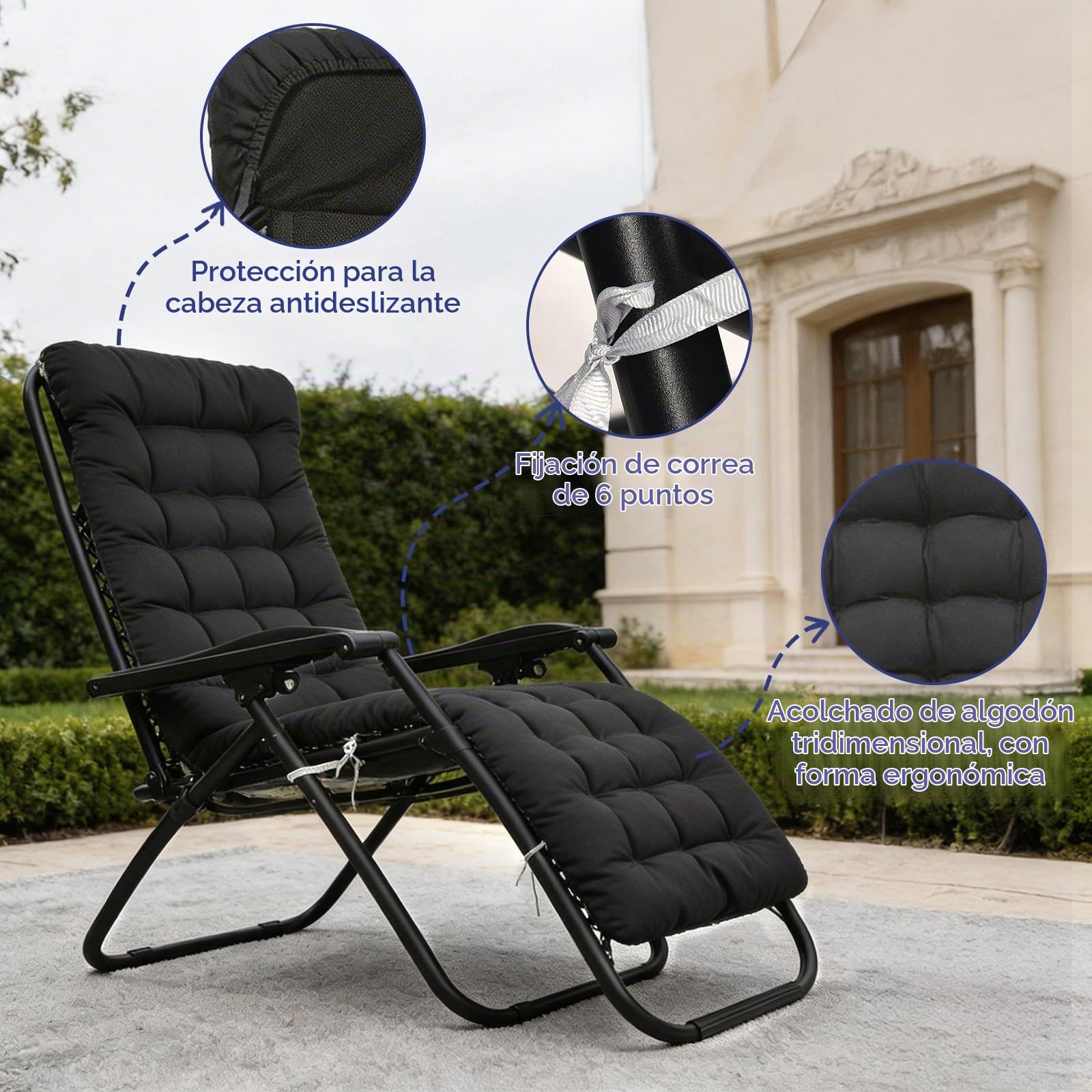 2 Cojines para tumbona de jardín, 170x53x8cm, cojín grueso para tumbona con respaldo alto, antideslizante, reforzado de algodón de primera calidad, cojines resistentes a la intemperie, Negro