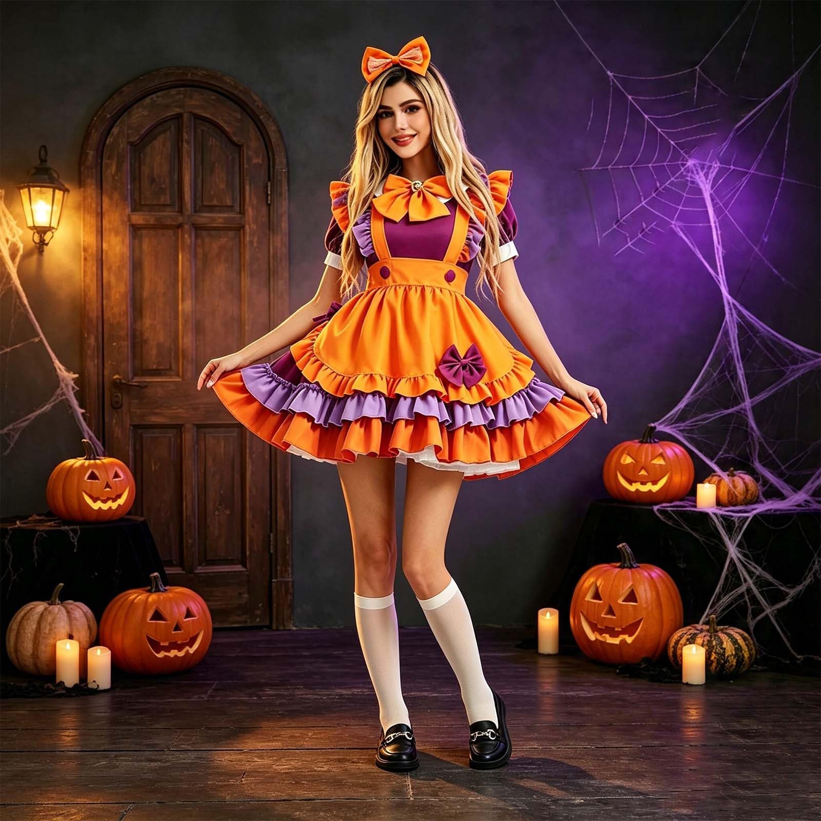 Generico Costume Halloween Bambina Zucca Cameriera Dress | Abito cosplay con stile pumpkin maid, costume festa Halloween, Carnevale, party e travestimenti