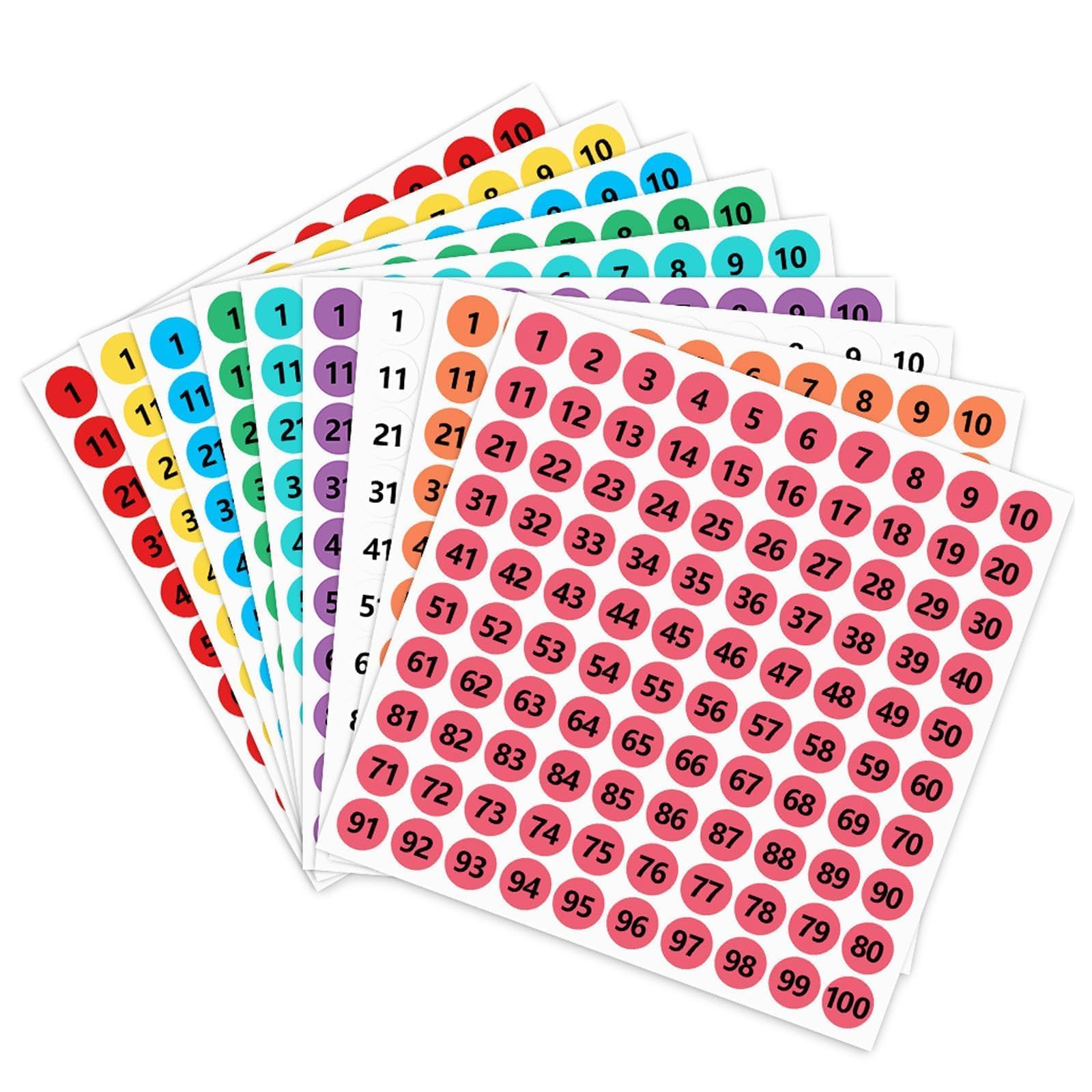 18 Sheets Small Self Adhesive Number Stickers, 1 to 100, Sticky Round Number Labels, 10 mm for Organizing, Inventory and Pricing, Multi Purpose Sticky Dots for DIY and Office Use(9 Colour)