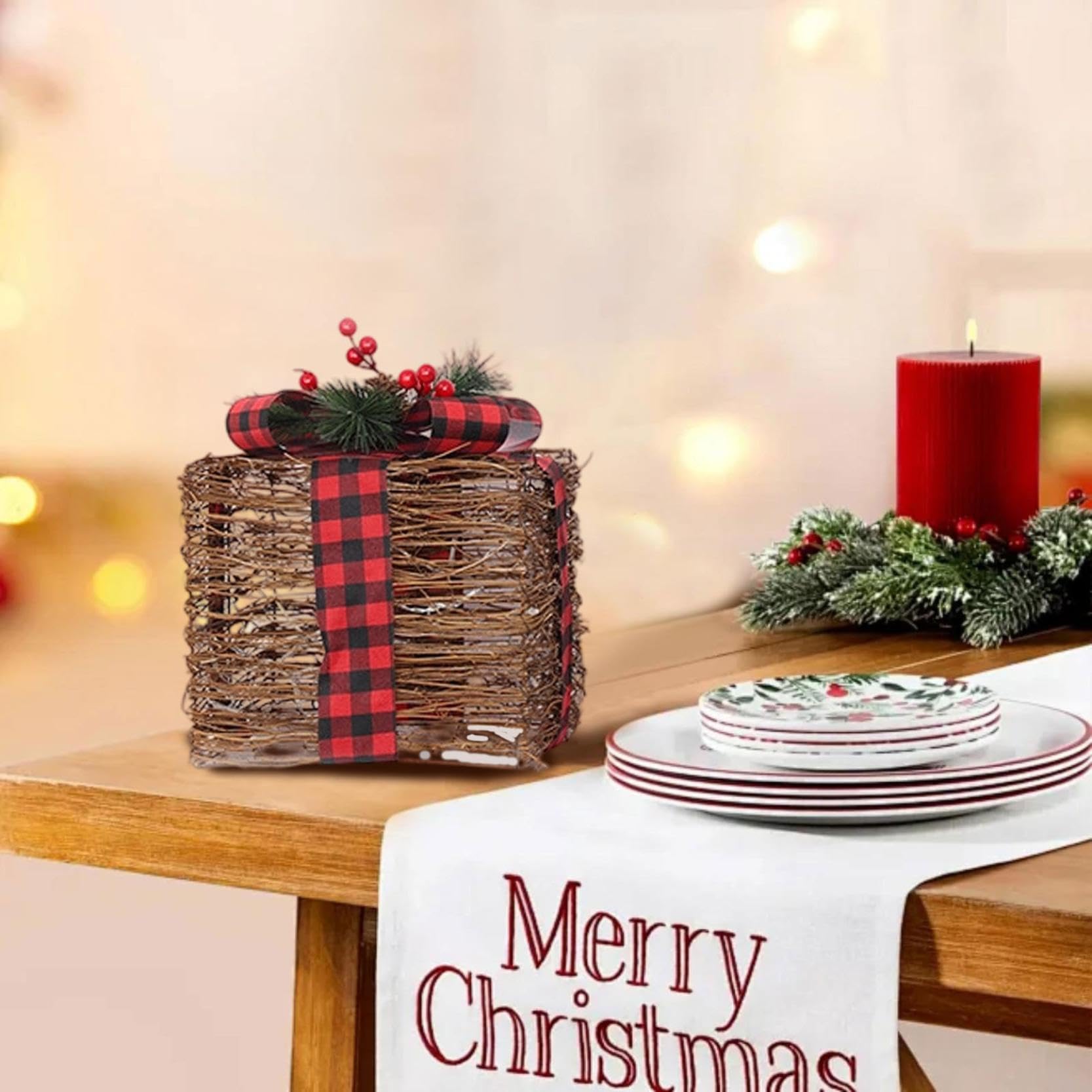 Scatole regalo natalizie illuminate con nastro rosso, materiale metallico affidabile, set di 3 scatole regalo illuminate, LED giallo caldo con fiocchi, per albero di Natale interno, cortile