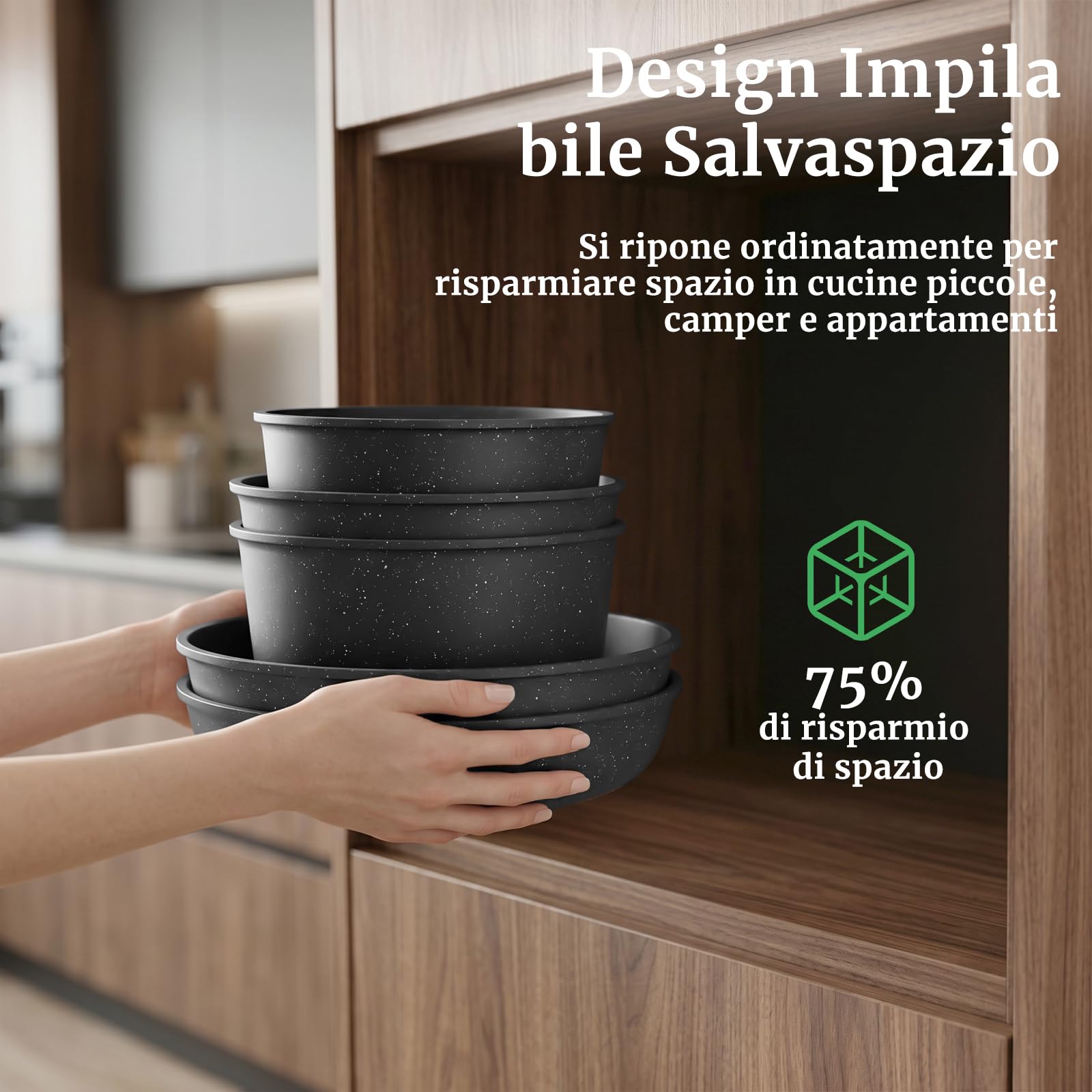 YASHE Pentole induzione 20 pezzi, atossiche, senza PTFE e PFAS | Senza PFOA Set Pentole e Padelle Antiaderenti in Granito, Pentole Impilabili, Salvaspazio per Camper e Monolocali