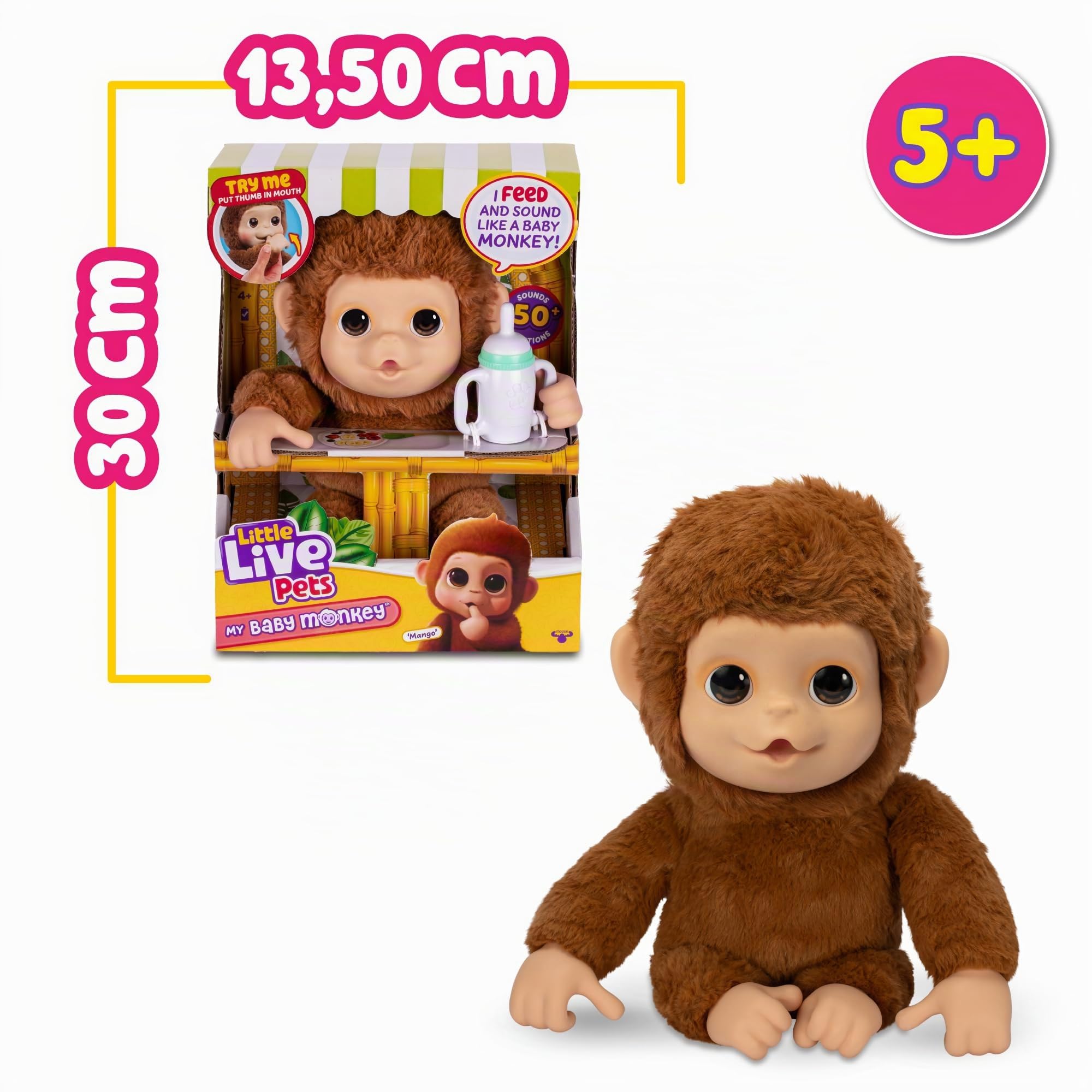 Little Live Pets - Mango, Le Singe Interactif, 50 Sons Interactifs et Mouvement de la Bouche, Aime Le Chatouiller et émet des Sons Joyeux Lorsque Vous touchez Le Pancin! Riche en Accessoires LP500000