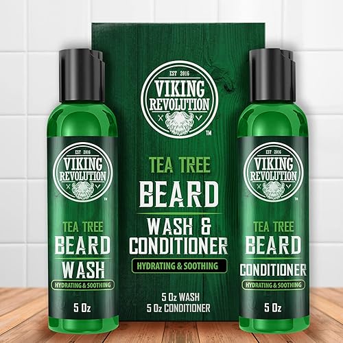 Miniatura 5 de Viking Revolution Tea Tree - Juego de jabón y acondicionador para barba para hombres, suavizante natural de barba con aceite de argán, vitamina E y