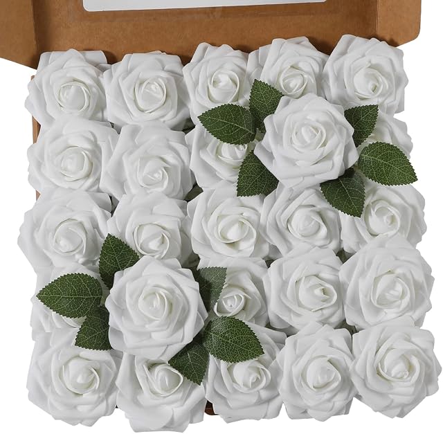 Ruiuzioong Artificial Flowers, 25pcs Real Touch Foam Roses DIY Flowers for Wedding Bouquets Centerpieces Arrangement Party Baby Shower and Home Decor (White, 25pcs)