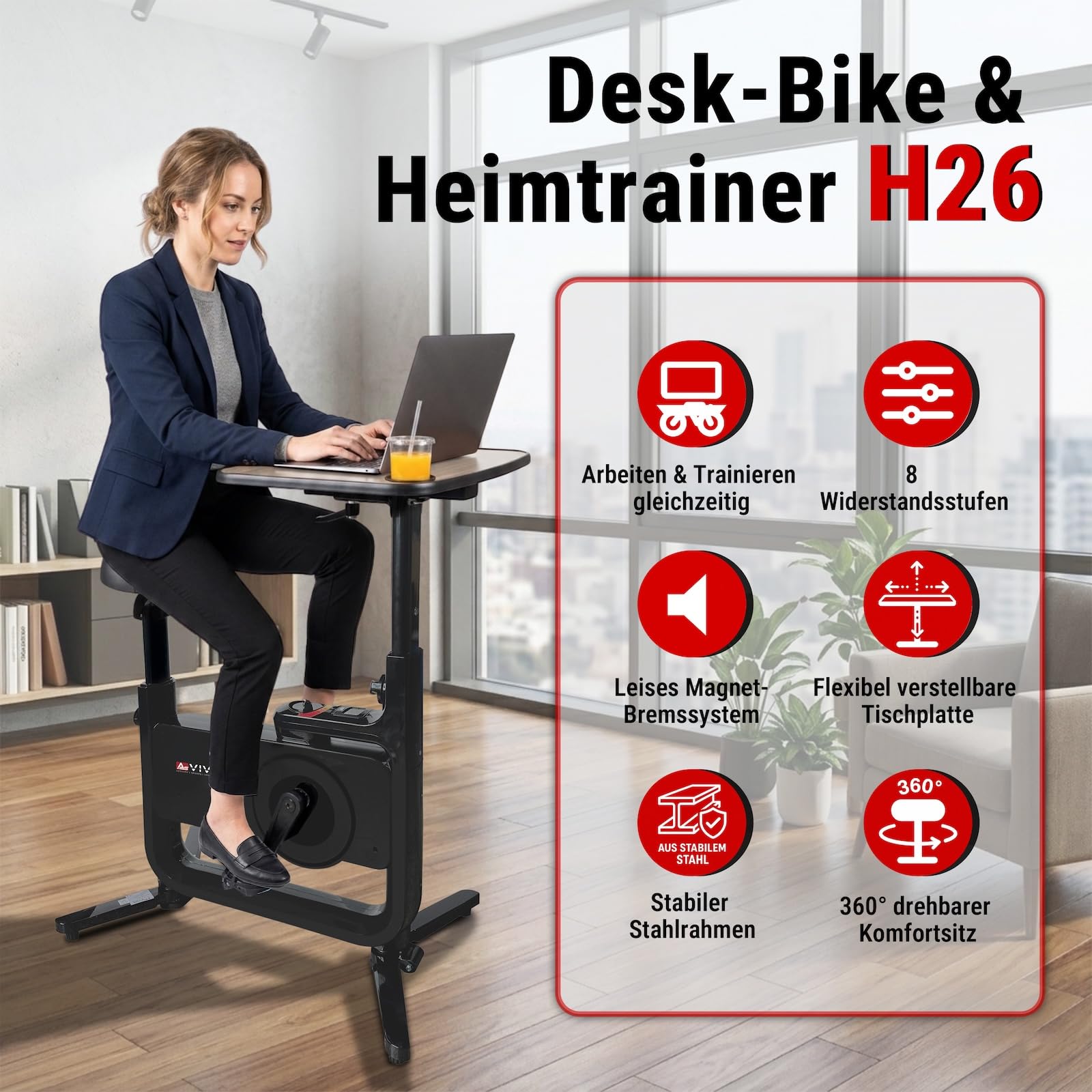AsVIVA H26 Desk-Bike rower treningowy – rower biurkowy z regulowanym blatem, rower fitness do biura i domu, cichy hamulec magnetyczny, 8 poziomów oporu, komfortowe siodełko 360°, kółka transportowe