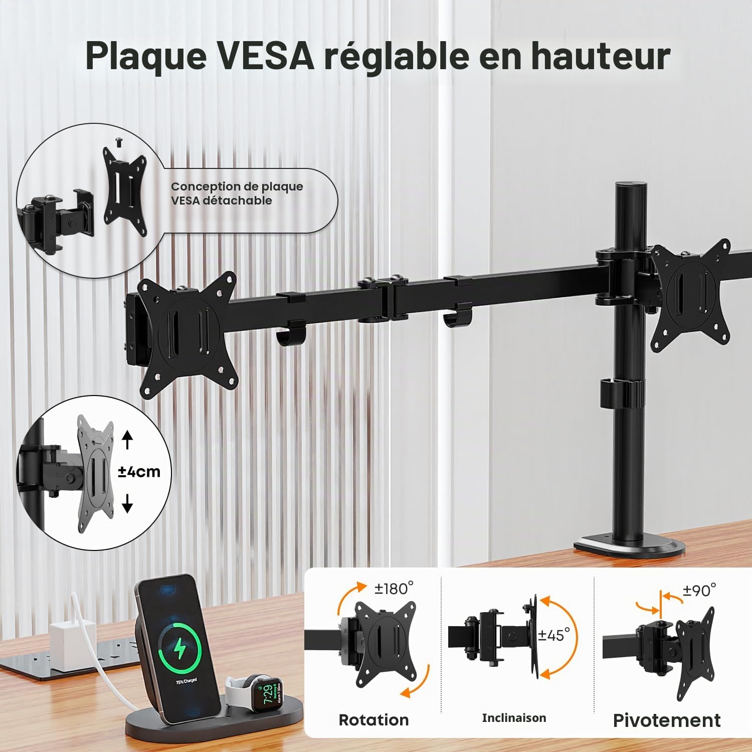 Support Ecran PC 3 pour 17-27 Pouces écran Plat & incurvé, vesa 75 x 75 100 x 100 Support Triple Ecran, 7 kg/Bras, Aupport 3 Ecran PC avec 2 Modes d'installation