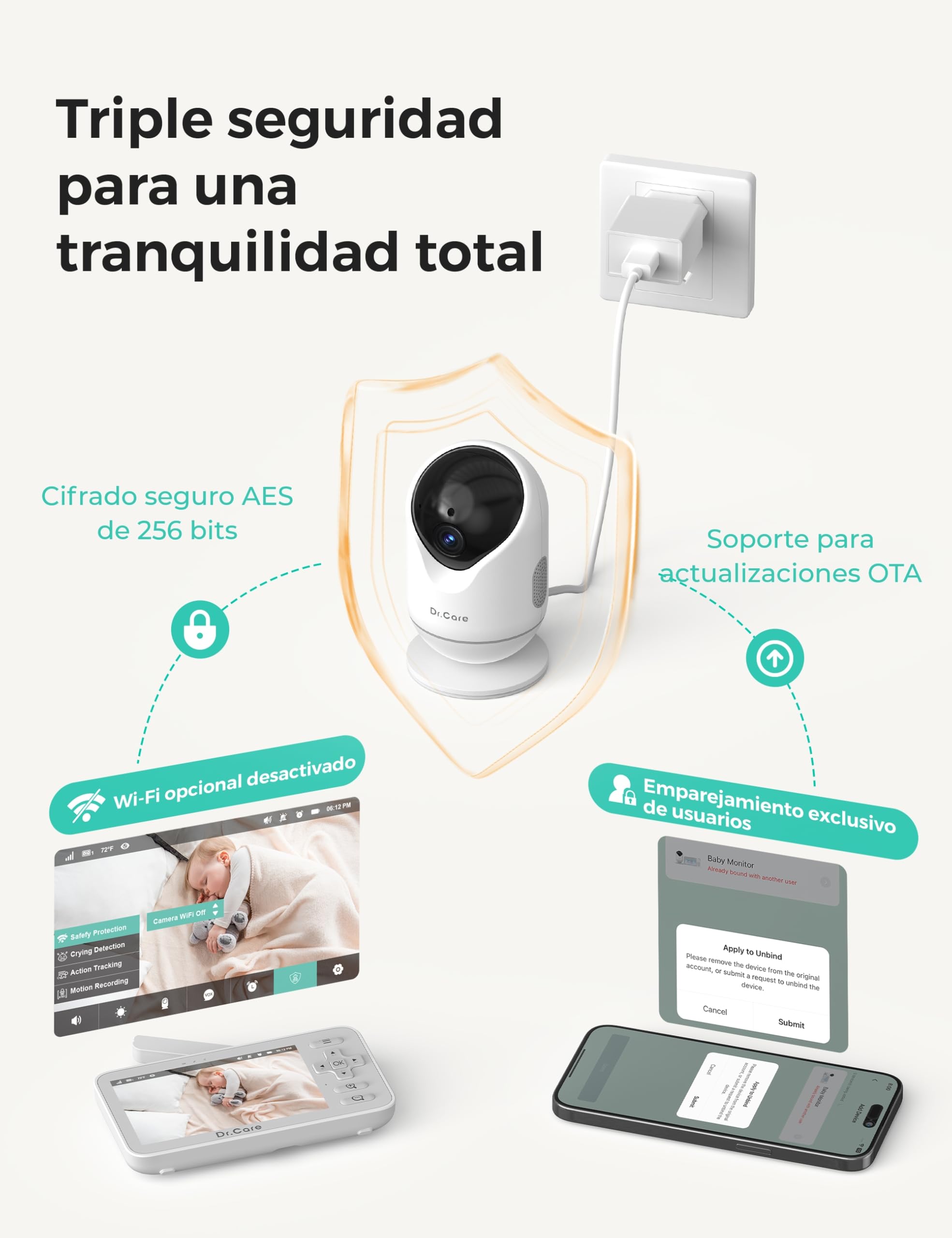 Dr.Care VistaView Lite WLAN Monitor Bebés Conectado, 1 Soporte Clip, 2 Cámaras, Pantalla Split 4'', Monitor 720P, Cámara 1080P, App, Visión Nocturna, Audio Bidireccional, Alcance 300m