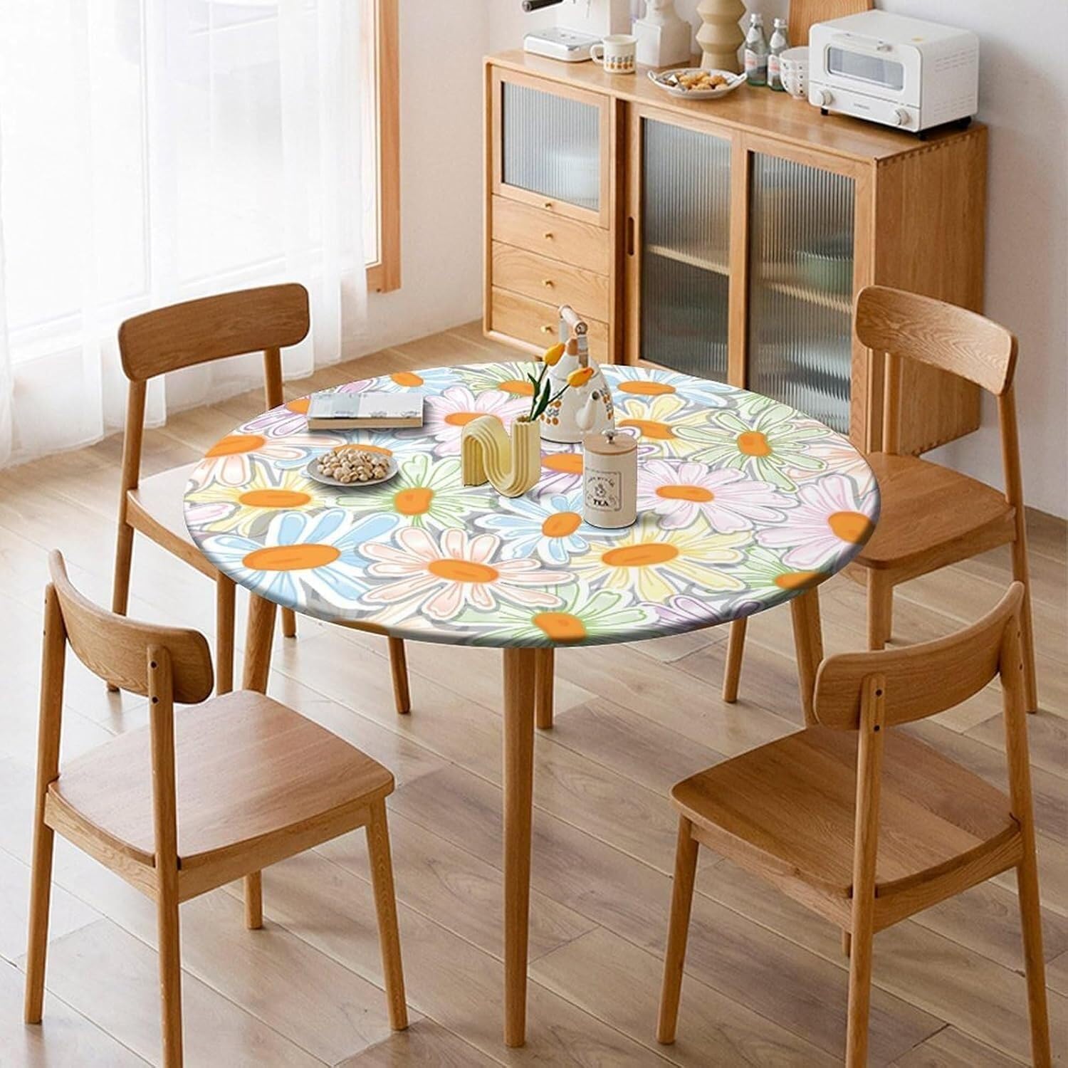 Nappe ronde marguerites 52" parfaite pour repas de cuisine et fêtes de fin d'année
