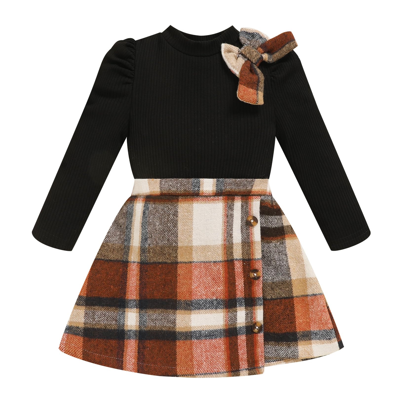 Toddler Girl Plaid Outfits Fall Winter Dress Knit Ribbed Bow Sweatshirt Tops and Button Fashion Skirts Set