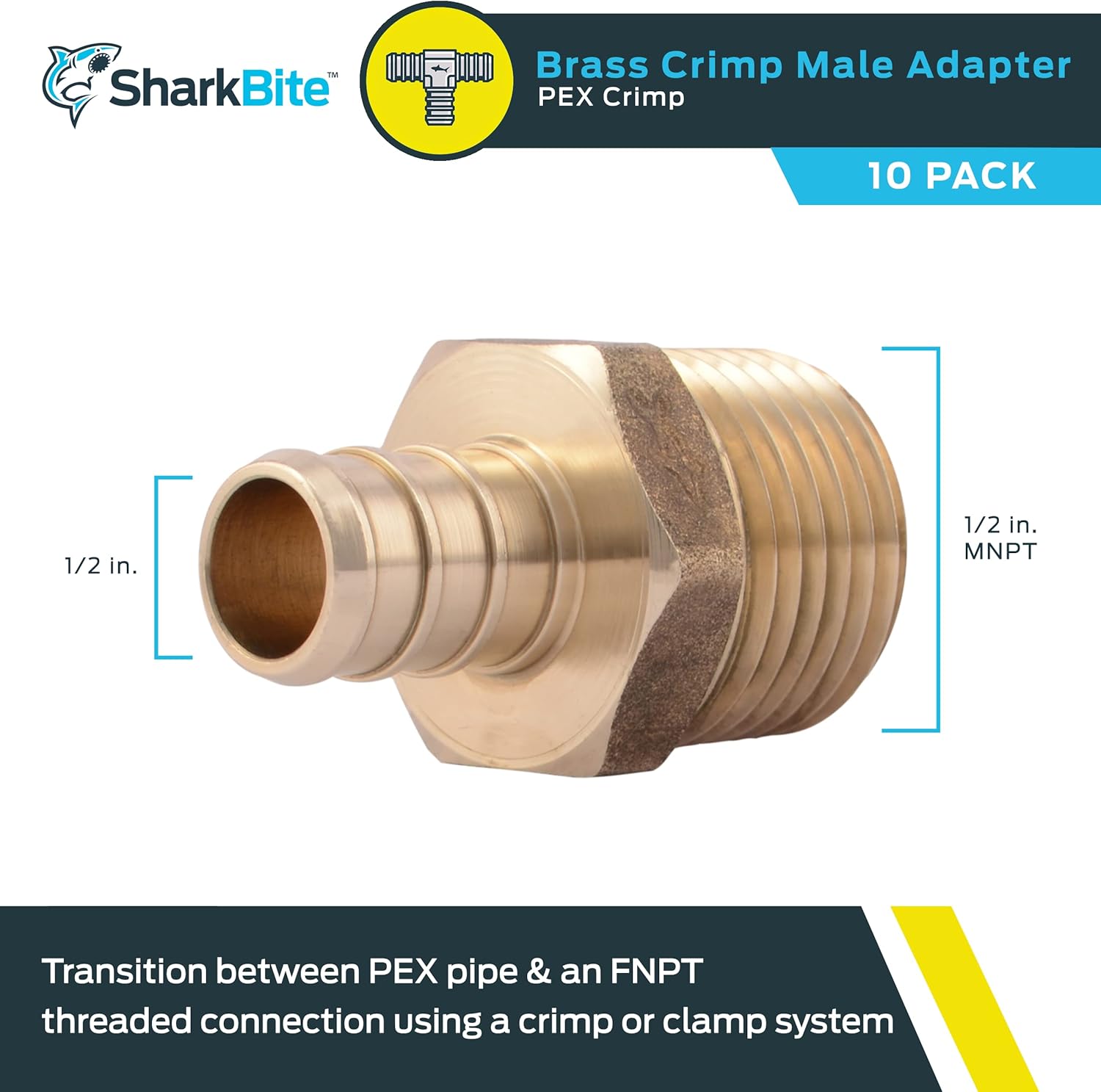 SharkBite 1/2 Inch Crimp MNPT Male Adapter, Pack of 10, Brass Plumbing Fitting, PEX Pipe, Copper, UC120LFA10 - - 