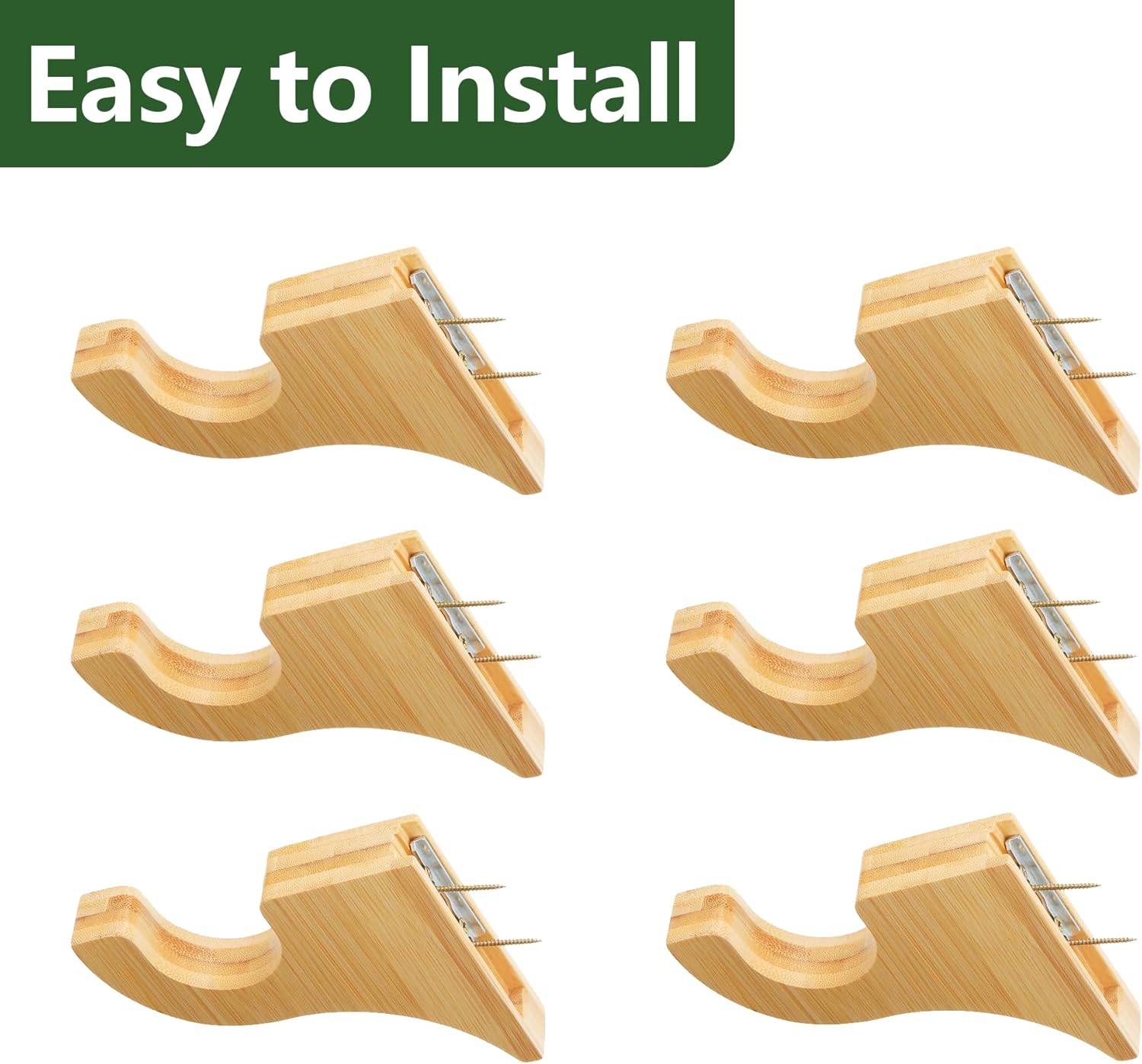 6 Pack Curtain Hooks for Wall, Wooden Shower Rod Holder with Mounting Hardware, Shower Curtain Rod Holder for Bathroom, Bedroom, Livingroom, Kitchen, Farmhouse
