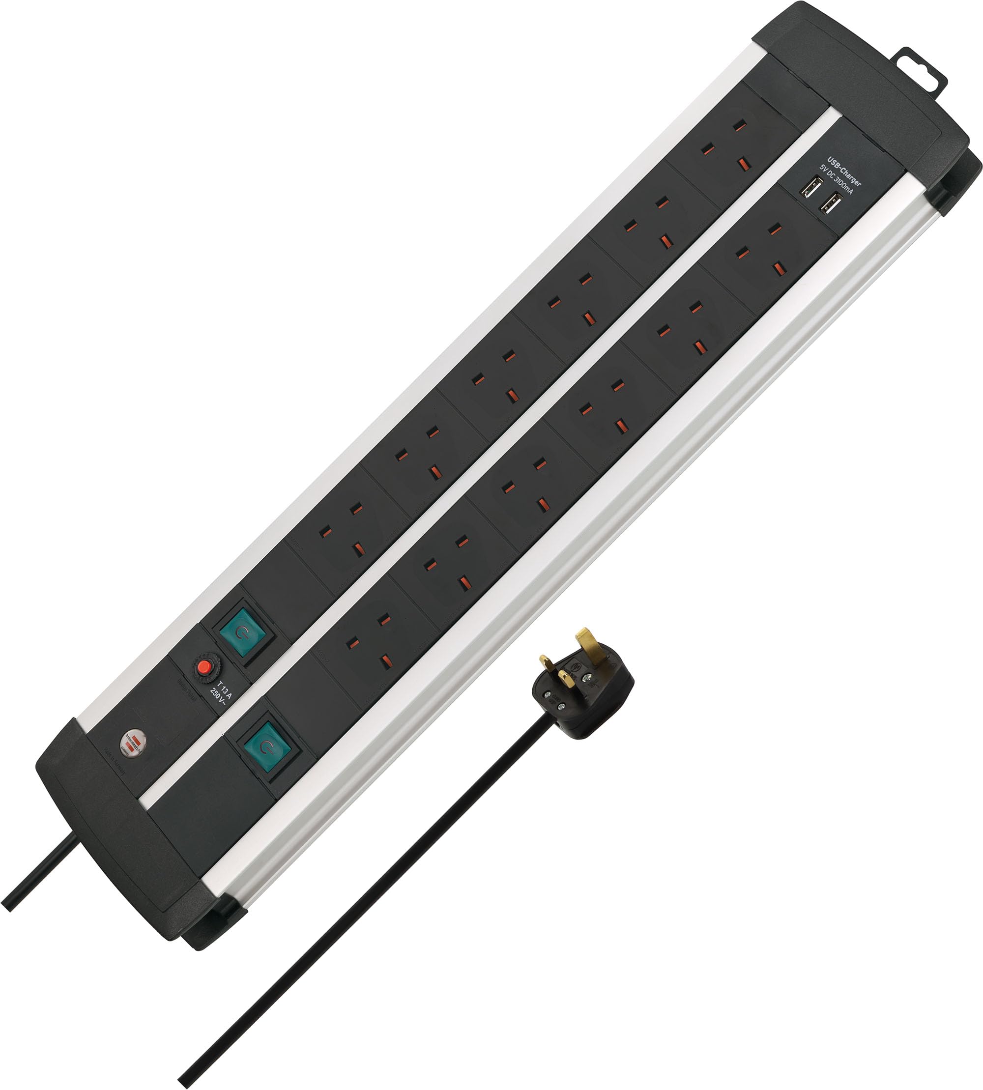 Brennenstuhl Black Premium-Duo-Alu-Line Mains Extension Lead With Usb Charging, 12 Gang, 3M Lead,