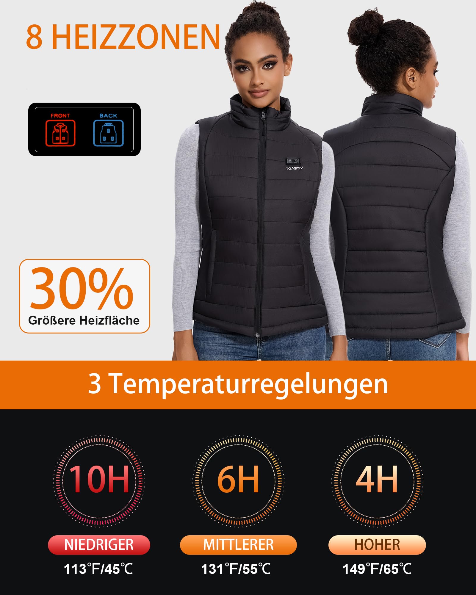Beheizbare Weste, Heizweste Damen mit Powerbank 7.4V 16000mAh Wärmeweste mit 8 Heizzonen, Einstellbare Heizweste, beheizte Weste für die Arbeit im Freien
