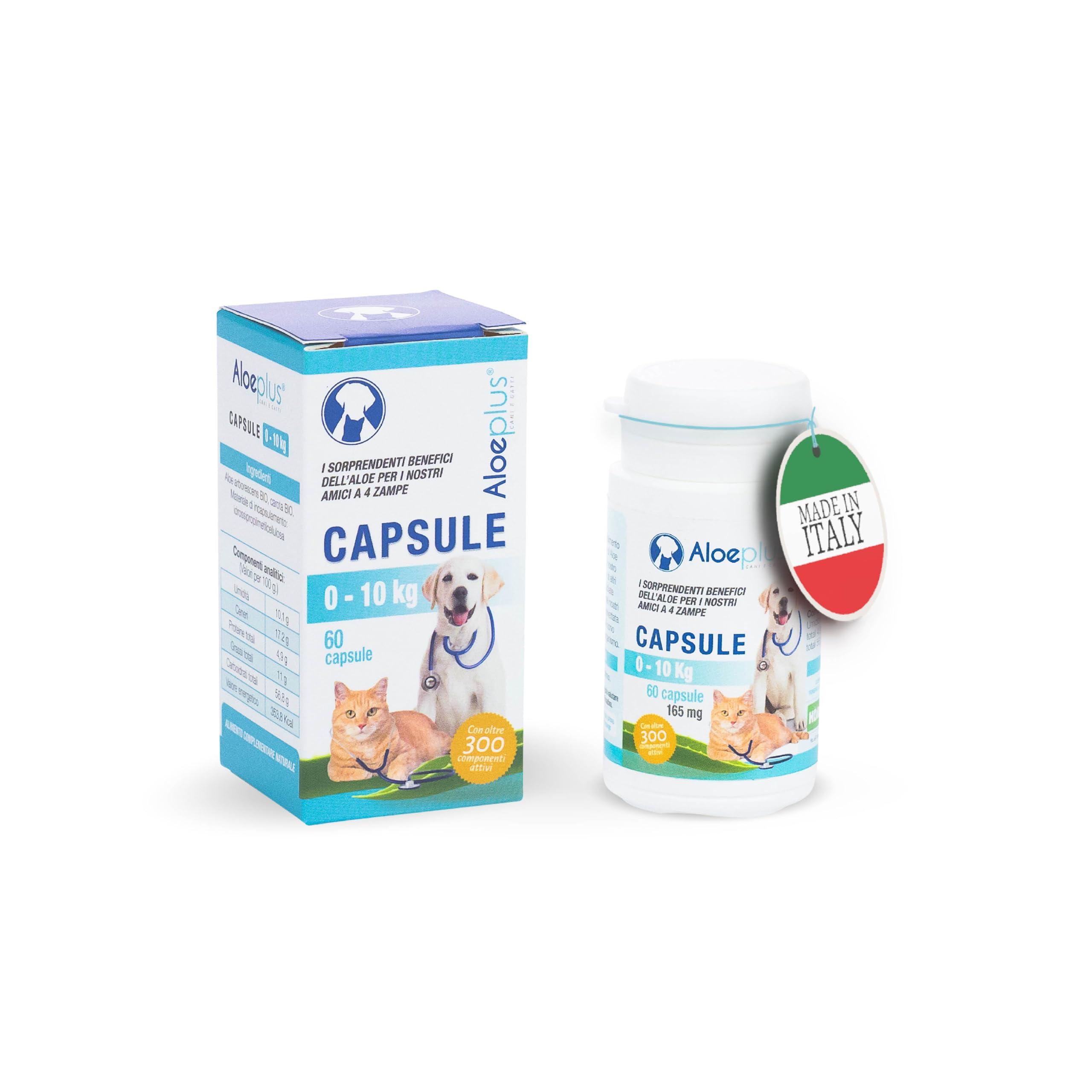 ALOEPLUS Gatti e Cani Capsule-Alimento Complementare Energetico, Disintossicante con Aloe Arborescens BIO, Rafforza le Naturali Difese di Gatti e Cani Anziani e Cuccioli, Contro inappetenza,60 capsule