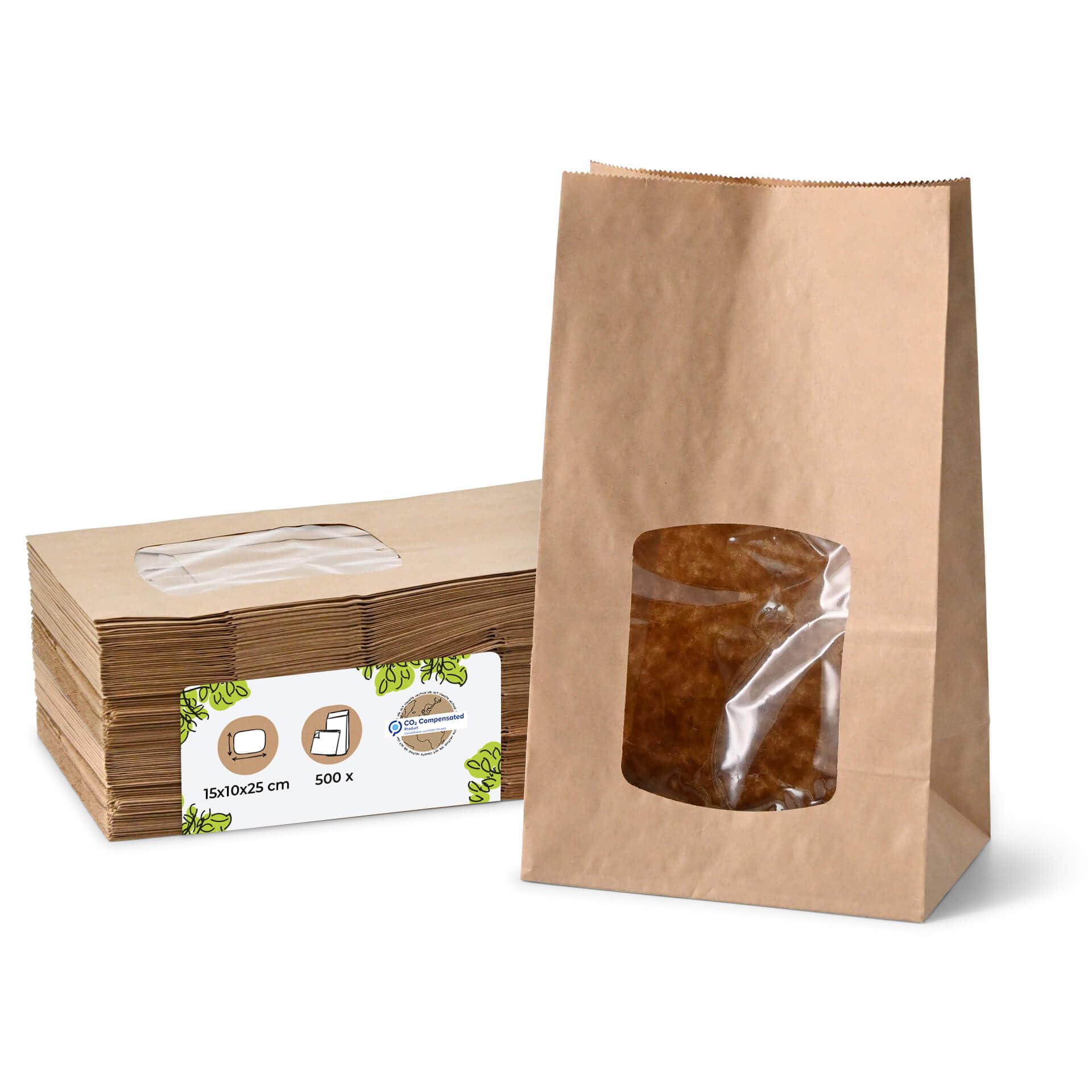 BIOZOYG Bolsas de papel con fondo biodegradables tamaño L con ventana 500 uds. Bolsas de papel kraft sin recubrimiento con ventana de bioplástico PLA bolsas para galletas, bolsas para té, etc