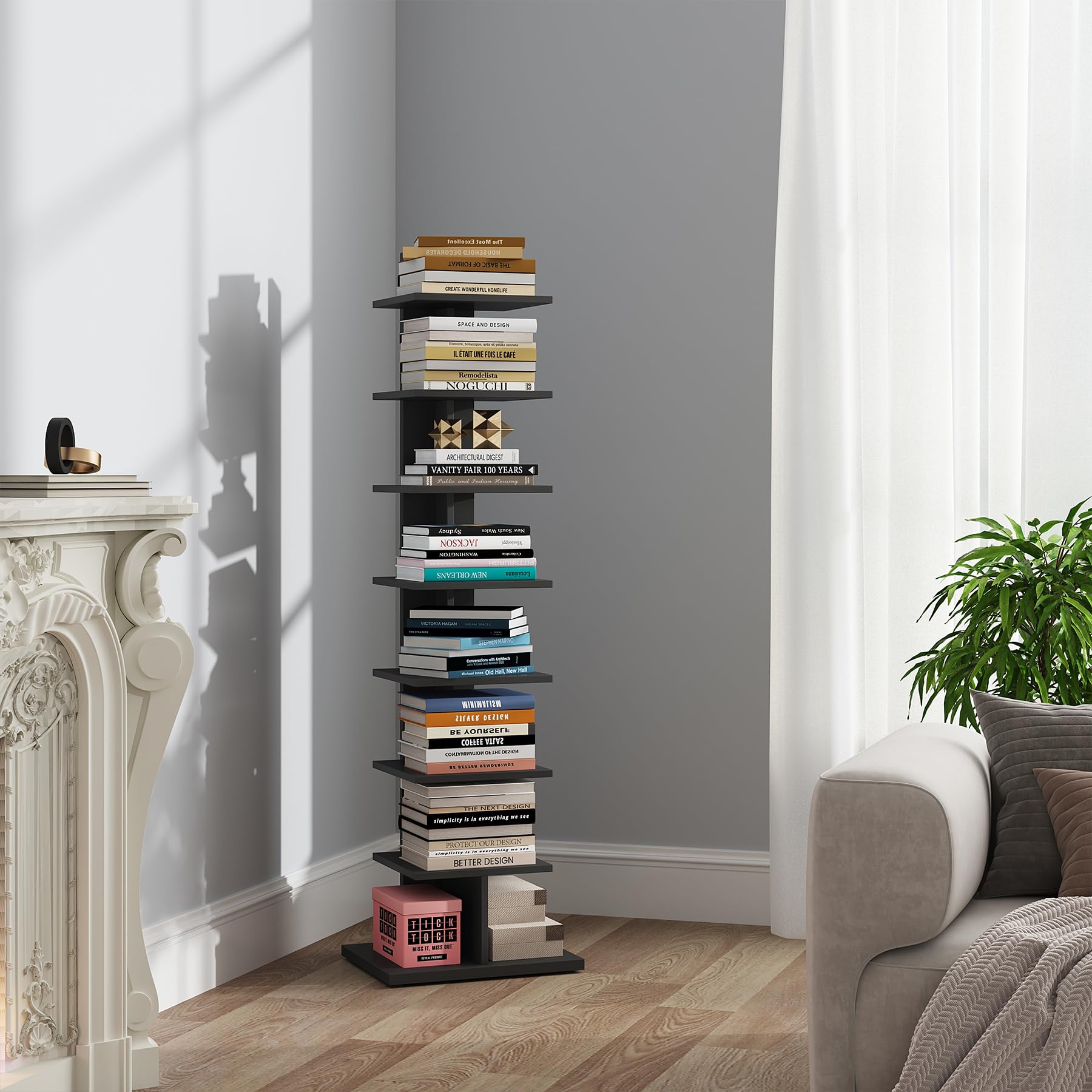 TUTOTAK Vertical Bookshelf, 8-Tier Bookcase, Narrow Spine Book Shelf for Small Space, Corner Standing Shelf for Living Room, Office, Study, Entryway, Rustic Brown BS06BK008EU