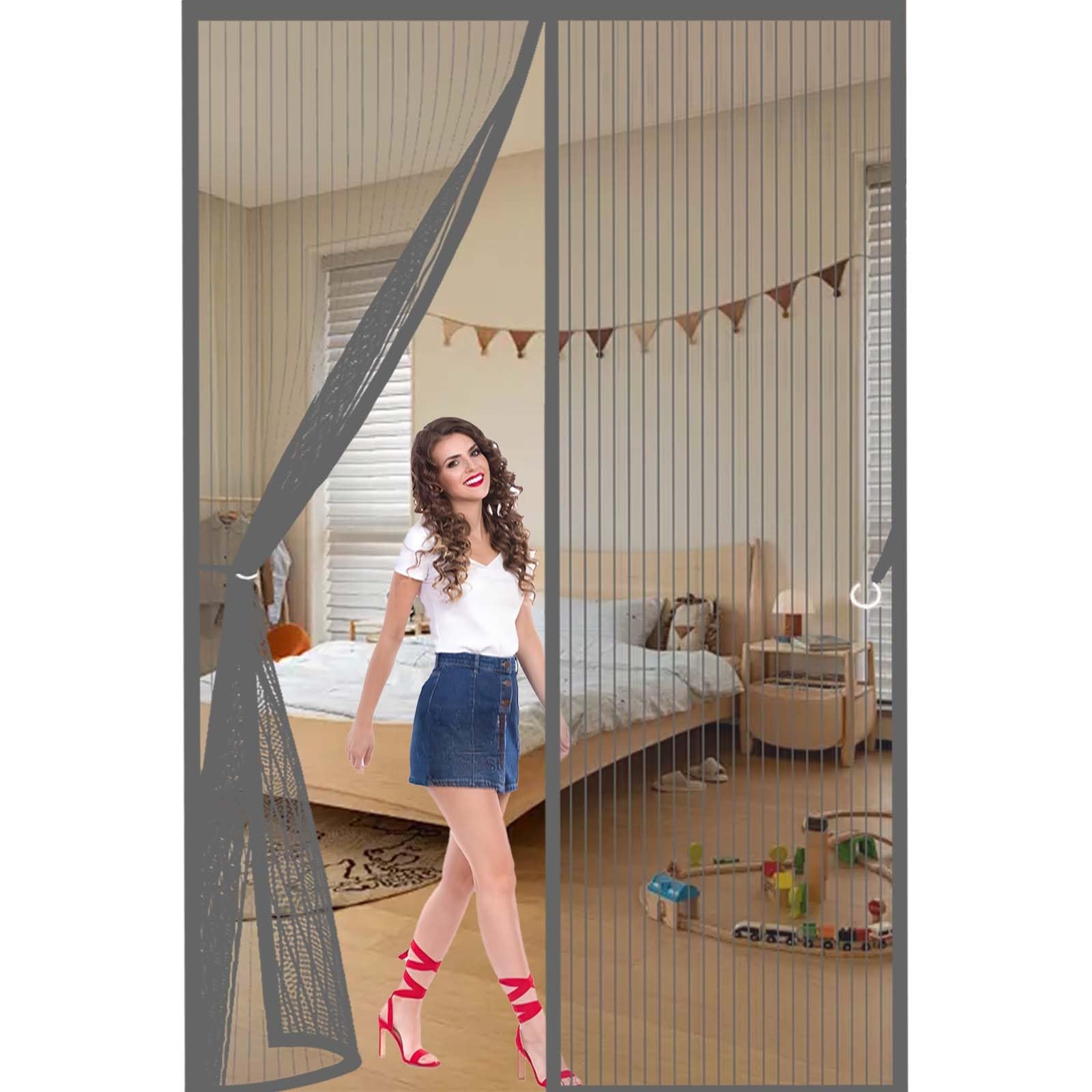 Magnetic Door Screen 145x255cm(WidthxHigh) Durable, Keeps Bugs Out, Kid and Pet Friendly Fly Screen Door Mesh Curtain Lets Fresh Air in, Hundreds of Sizes, Grey